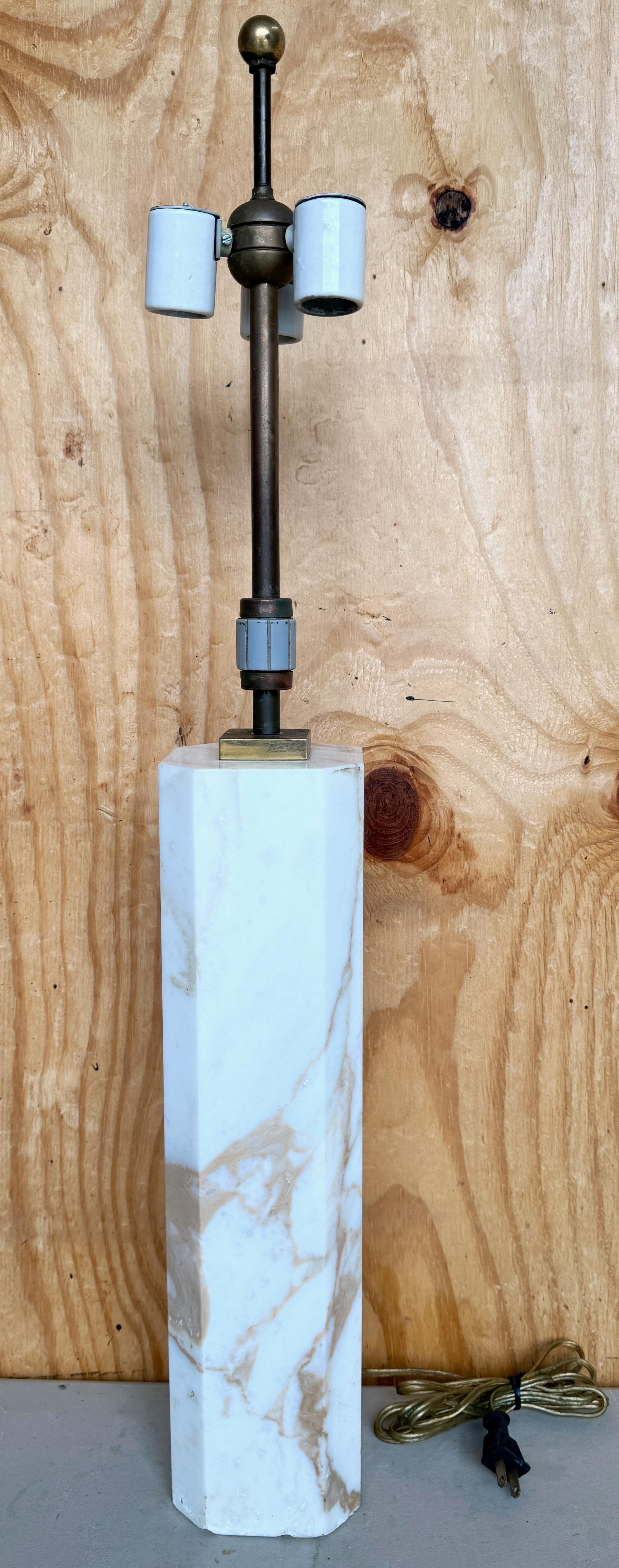 Modern T. H. Robsjohn-Gibbings Large Marble Column Lamp, All Original Fittings For Sale