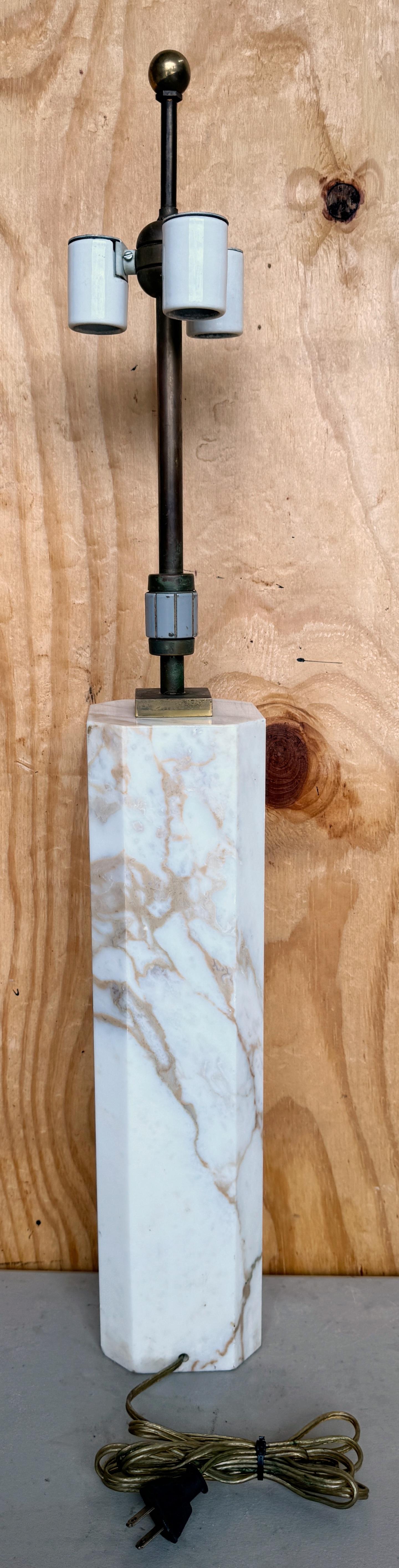 20th Century T. H. Robsjohn-Gibbings Large Marble Column Lamp, All Original Fittings For Sale