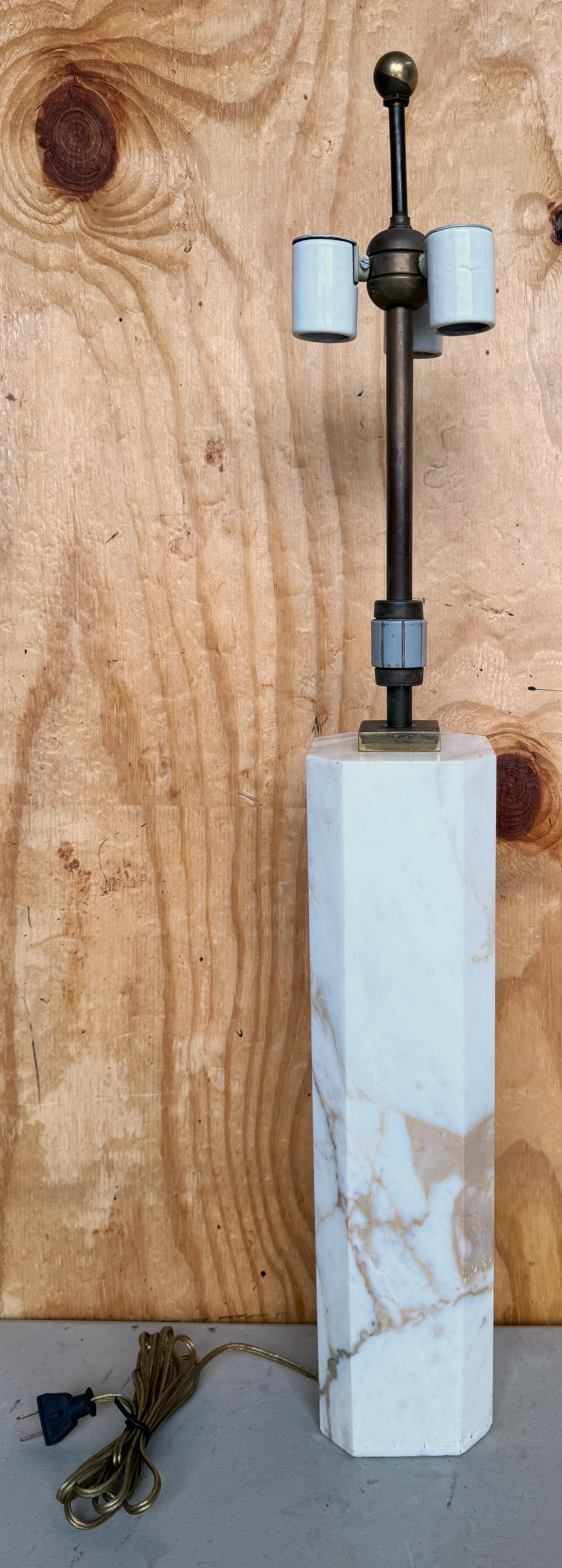 Brass T. H. Robsjohn-Gibbings Large Marble Column Lamp, All Original Fittings For Sale