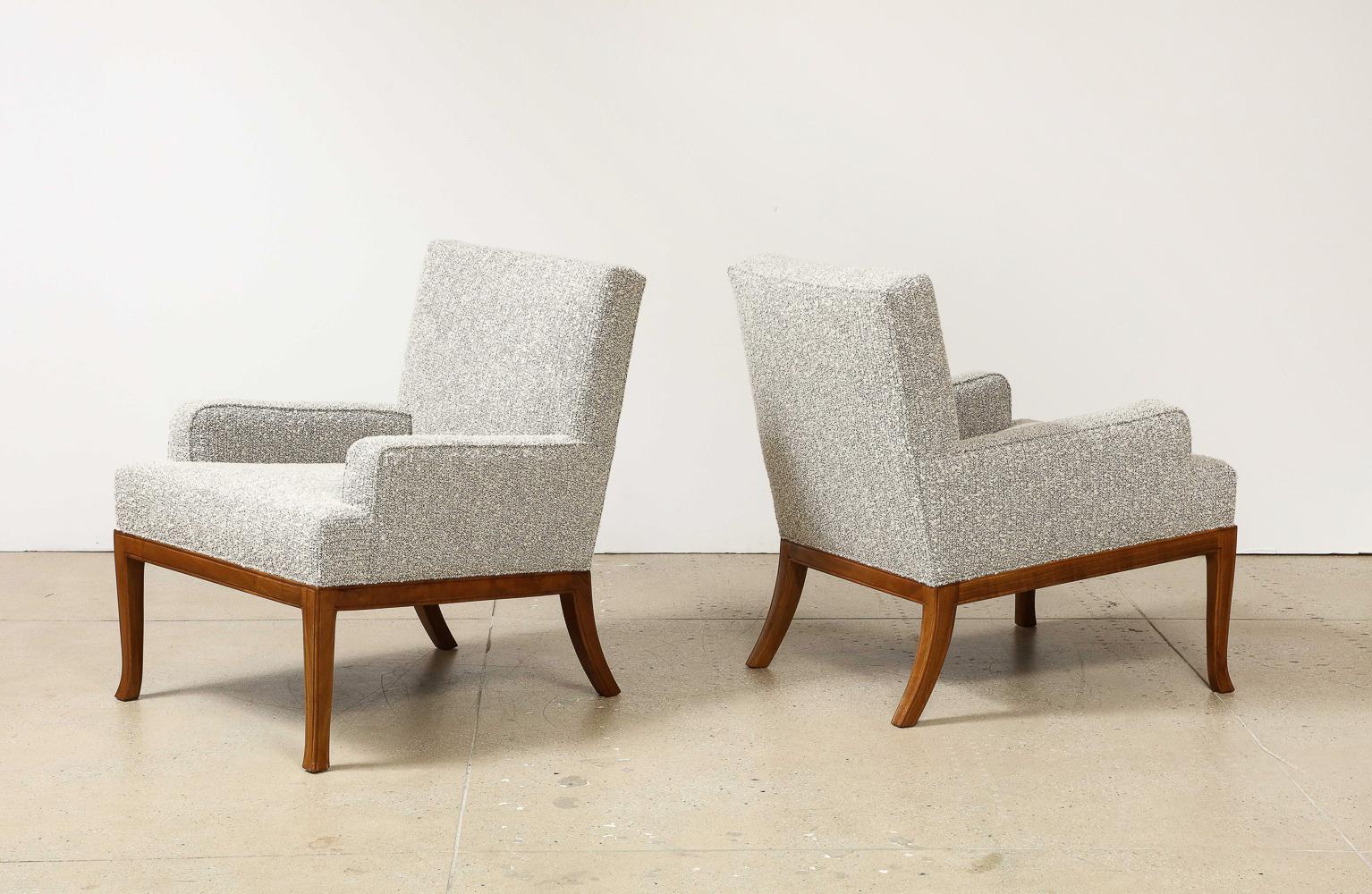 No. 102 Lounge Chairs by T. H. Robsjohn-Gibbings for Saridis.  Walnut with upholstery. Produced by Saridis Furniture, Greece. Unmarked.