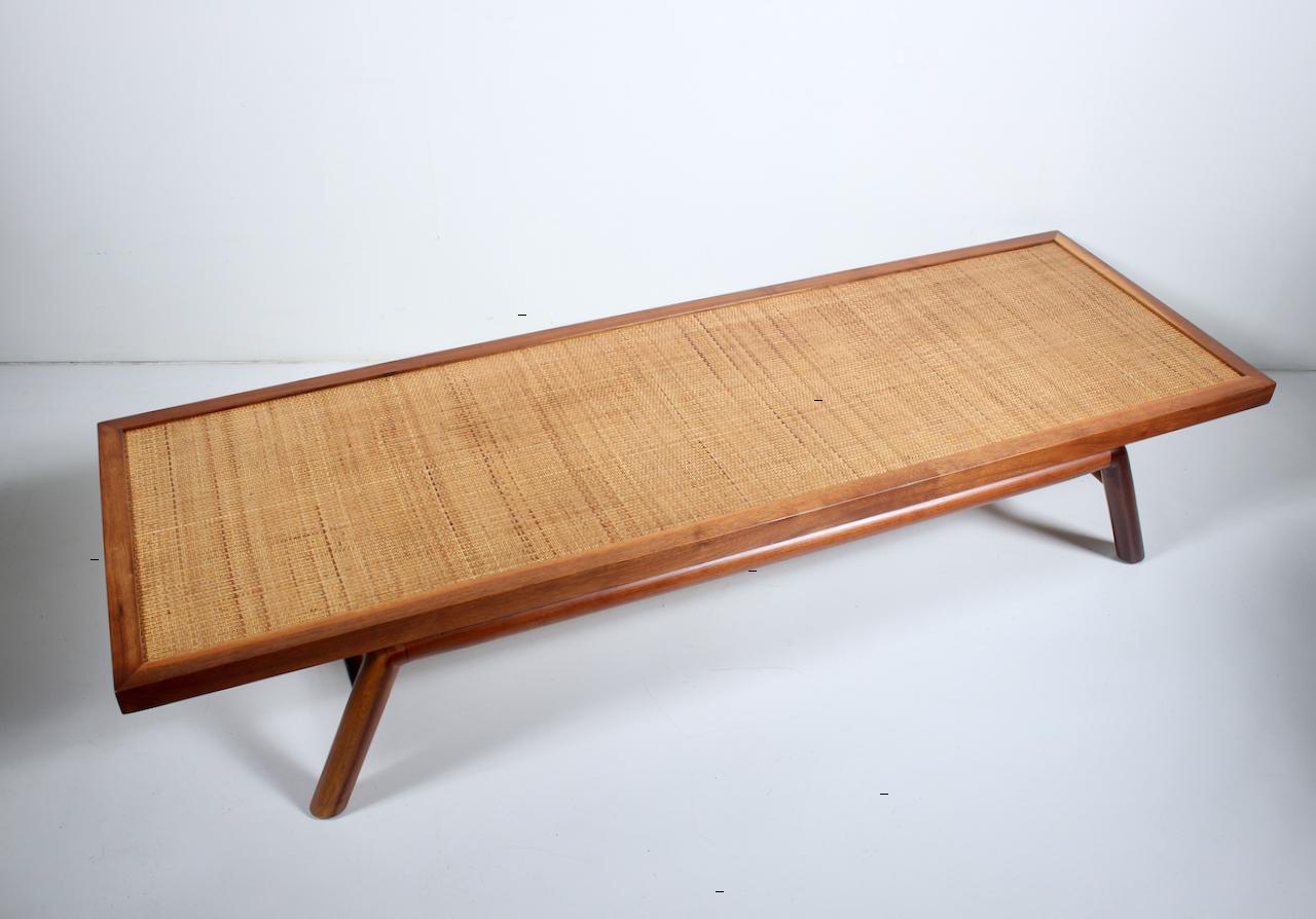 Bleached T. H. Robsjohn-Gibbings Low Mahogany & Cane Bench, Coffee Table, 1950's For Sale