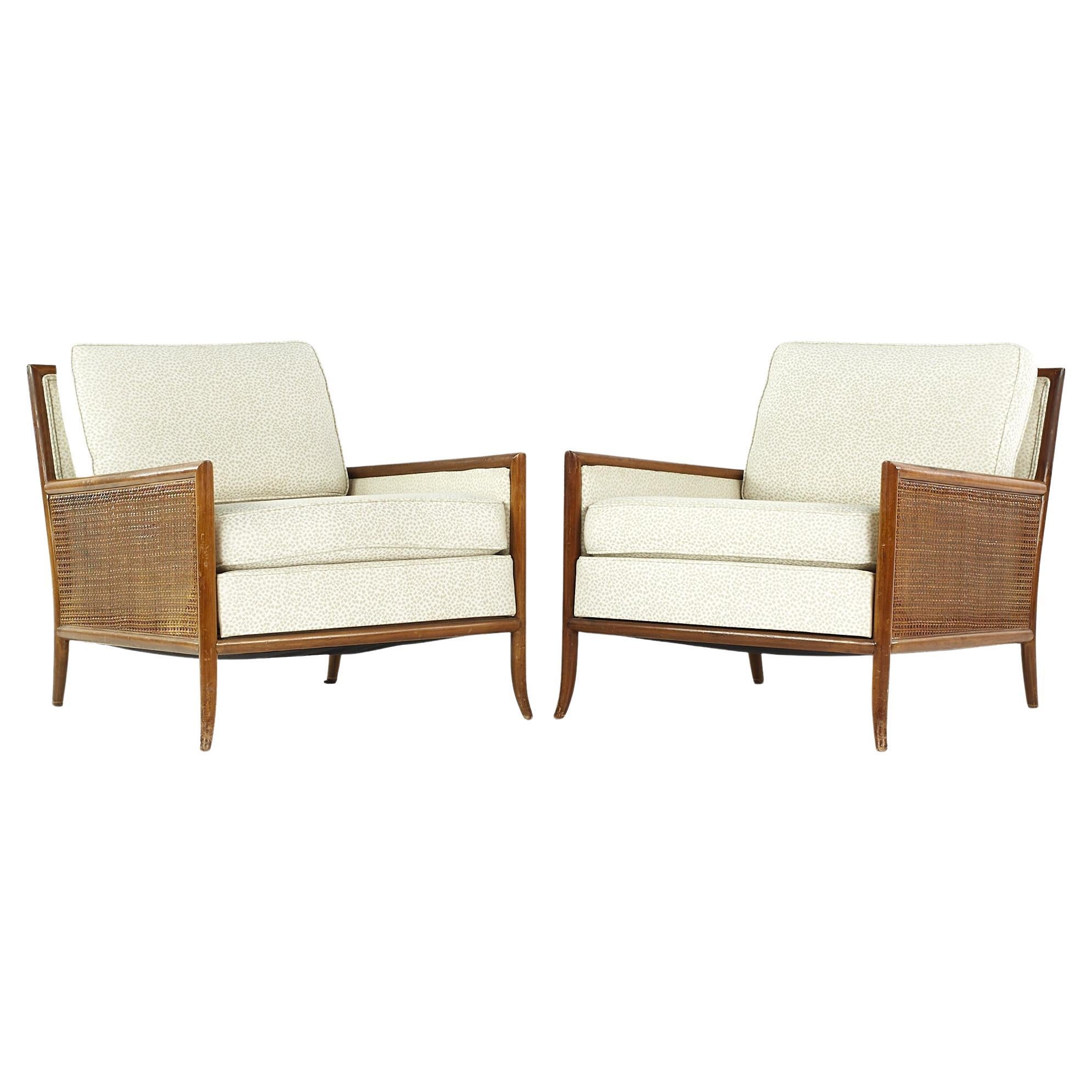 T.H. Robsjohn Gibbings Mid Century Cane Sided Lounge Chairs - Pair For Sale