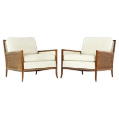 T H Robsjohn Gibbings Mid Century Cane Sided Lounge Chairs, Pair