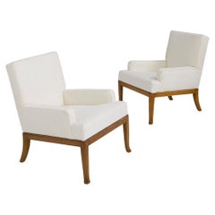 T. H. Robsjohn-Gibbings Pair of Armchairs in White Bouclè and Wood, Label