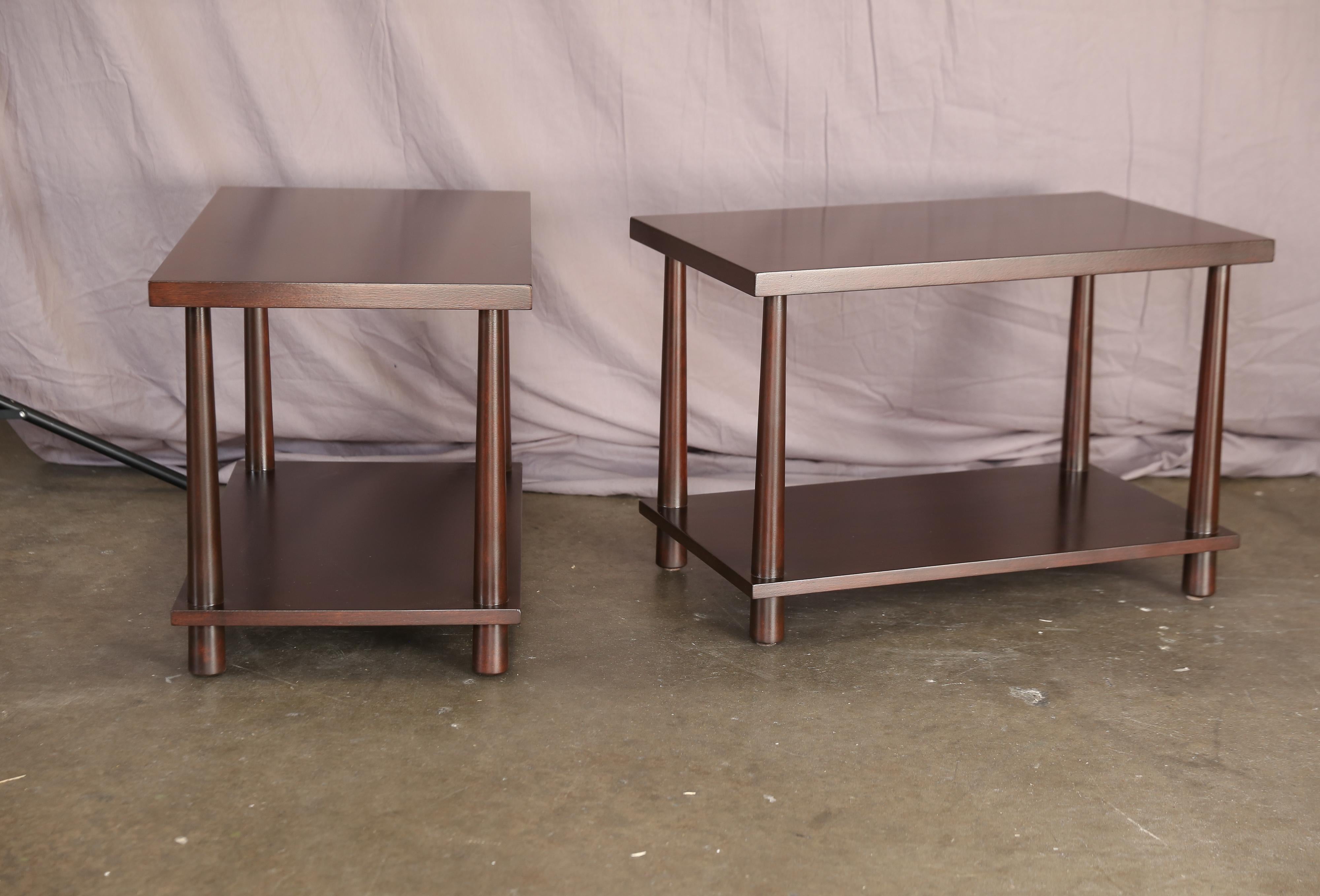 T.H.Robsjohn-Gibbings reverse tapper side tables for Widdicomb. From Gibbings production series of the late 1940s-1950s, are these elegant side tables in walnut finish.