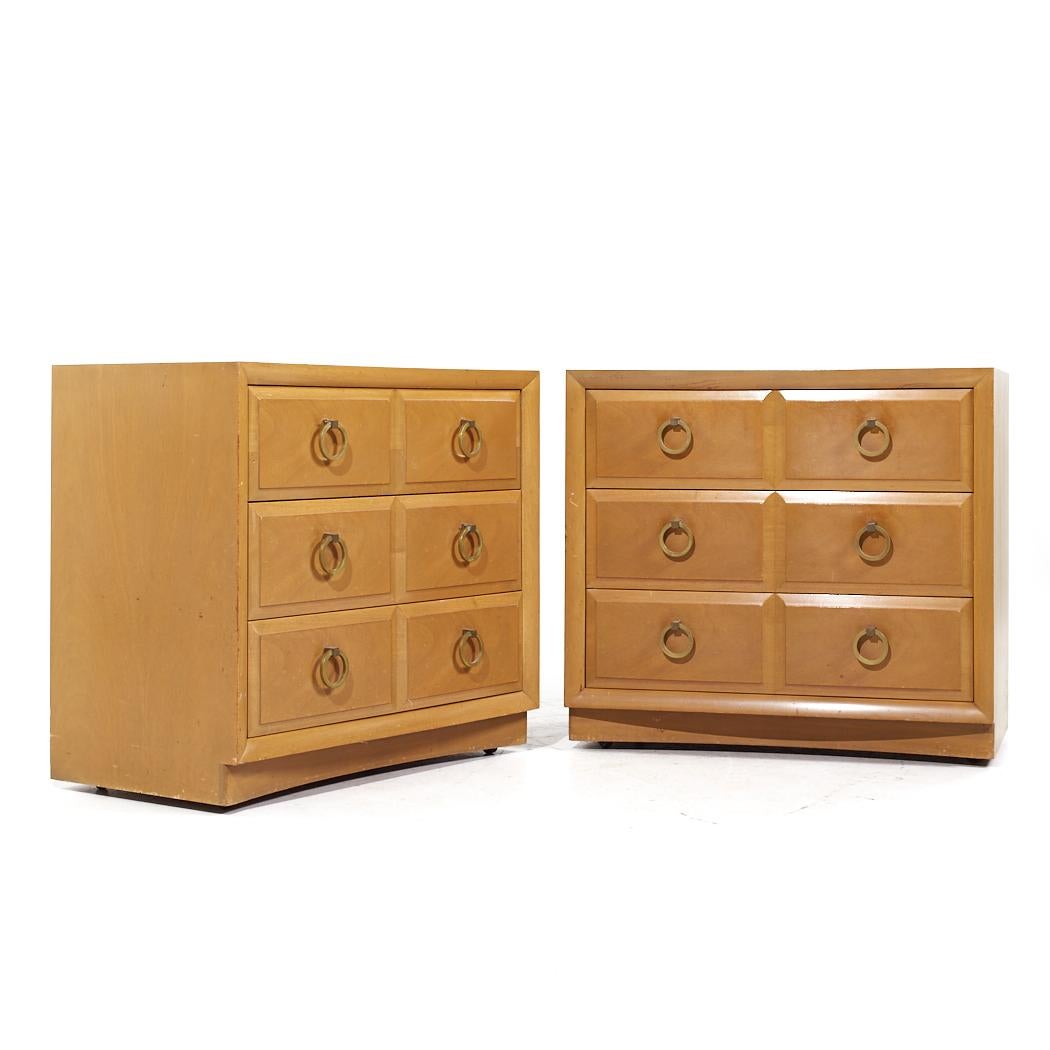 T.H. Robsjohn Gibbings for Widdicomb Modern Mid Century Maple and Brass Three Drawer Chest - Pair

Each chest measures: 36 wide x 20.25 deep x 32.75 high

All pieces of furniture can be had in what we call restored vintage condition. That means the