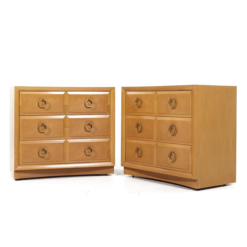 Mid-Century Modern T H Robsjohn Gibbings Widdicomb Modern MCM Maple Brass Three Drawer Chest - Pair For Sale