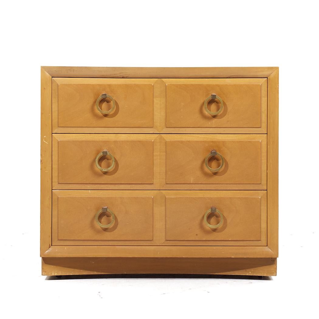 T H Robsjohn Gibbings Widdicomb Modern MCM Maple Brass Three Drawer Chest - Pair In Good Condition For Sale In Countryside, IL