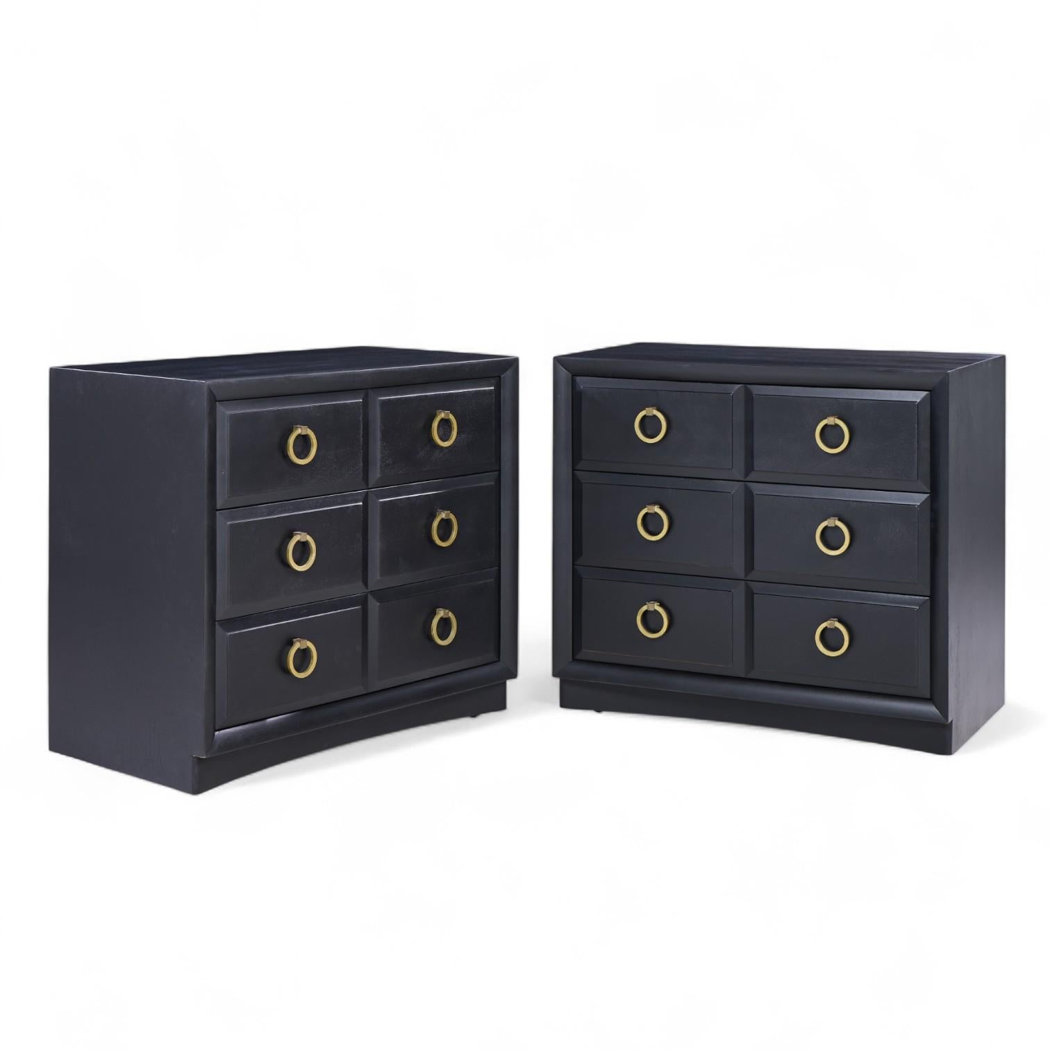 T.H. Robsjohn Gibbings for Widdicomb Modern Mid Century Maple and Brass Three Drawer Chest - Pair

Each chest measures: 36 wide x 20.25 deep x 32.75 high

Restored - Mint Condition. Ready to Ship.

We take our photos in a controlled lighting studio