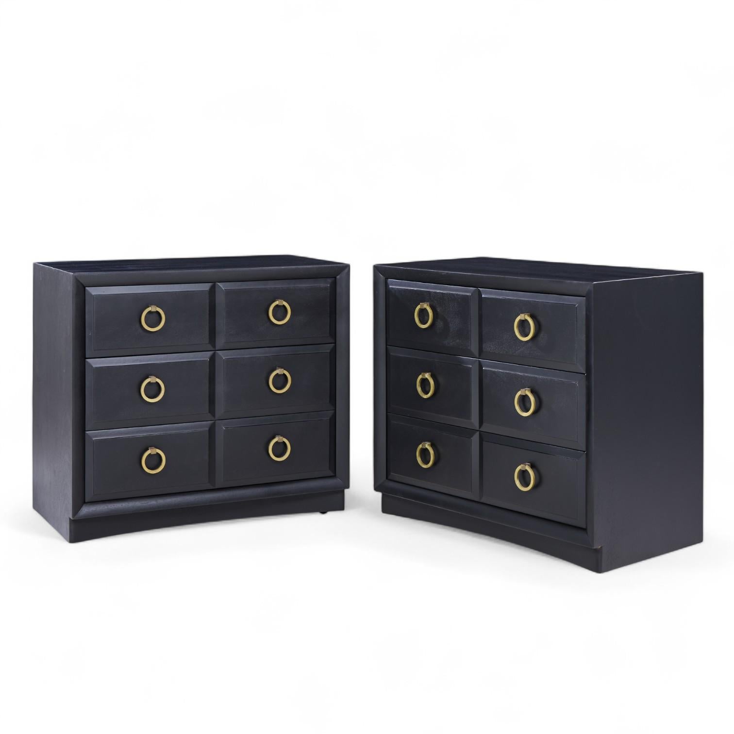 Mid-Century Modern T. H. Robsjohn Gibbings Widdicomb Modern Maple Brass Three Drawer Chest - Pair For Sale