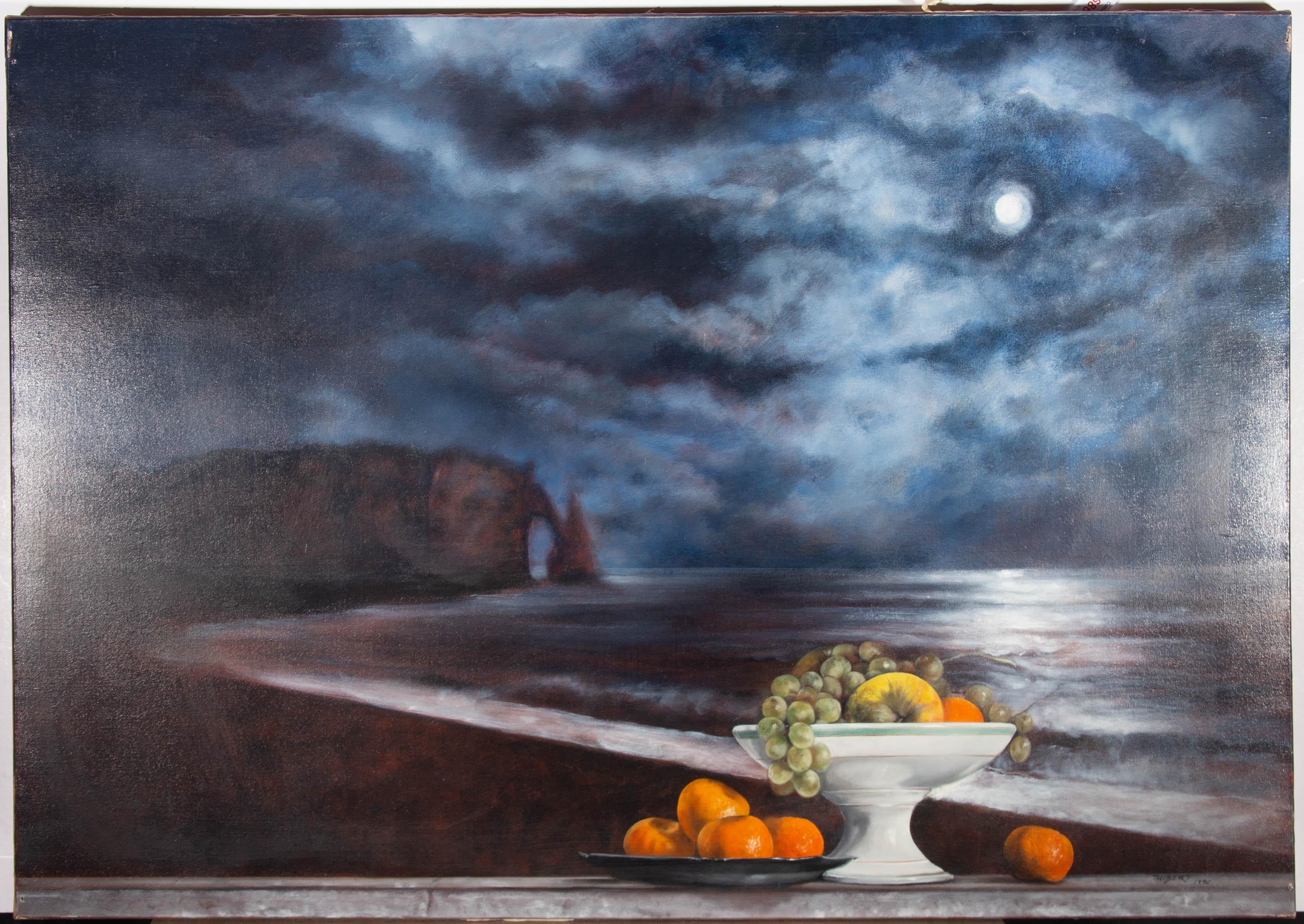 This surreal still life depicts a bowl of fruit before a coastal view. Moonlight illuminates the scene, shining down on the cliffside and crashing waves as well as the carefully placed still life subject. The artist has captured this atmospheric