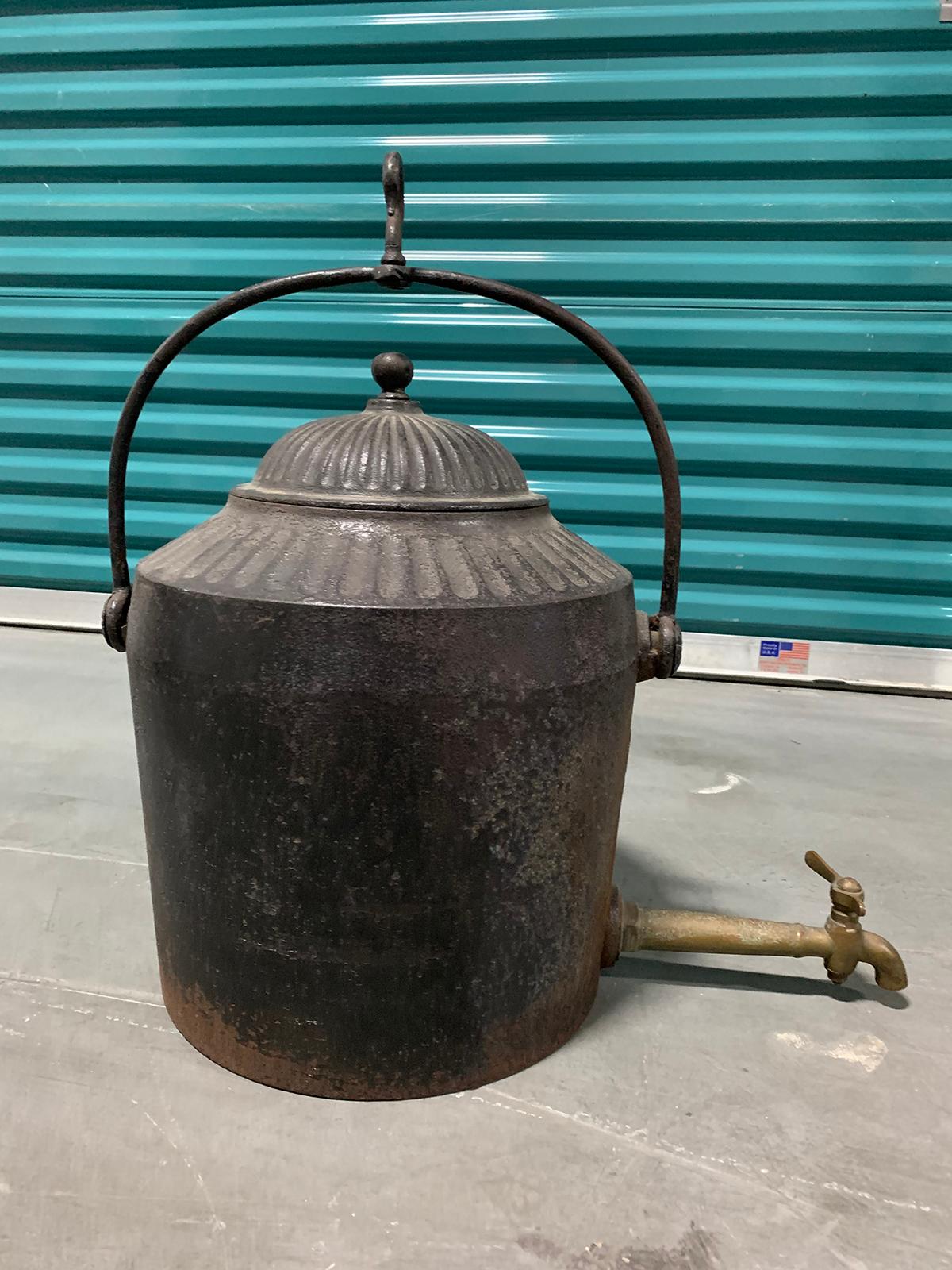 T. Holcroft and sons of Wolverhampton late 19th century English cast iron kettle with lid and brass tap, marked
6 gallons is on the front
Measures: 23.5