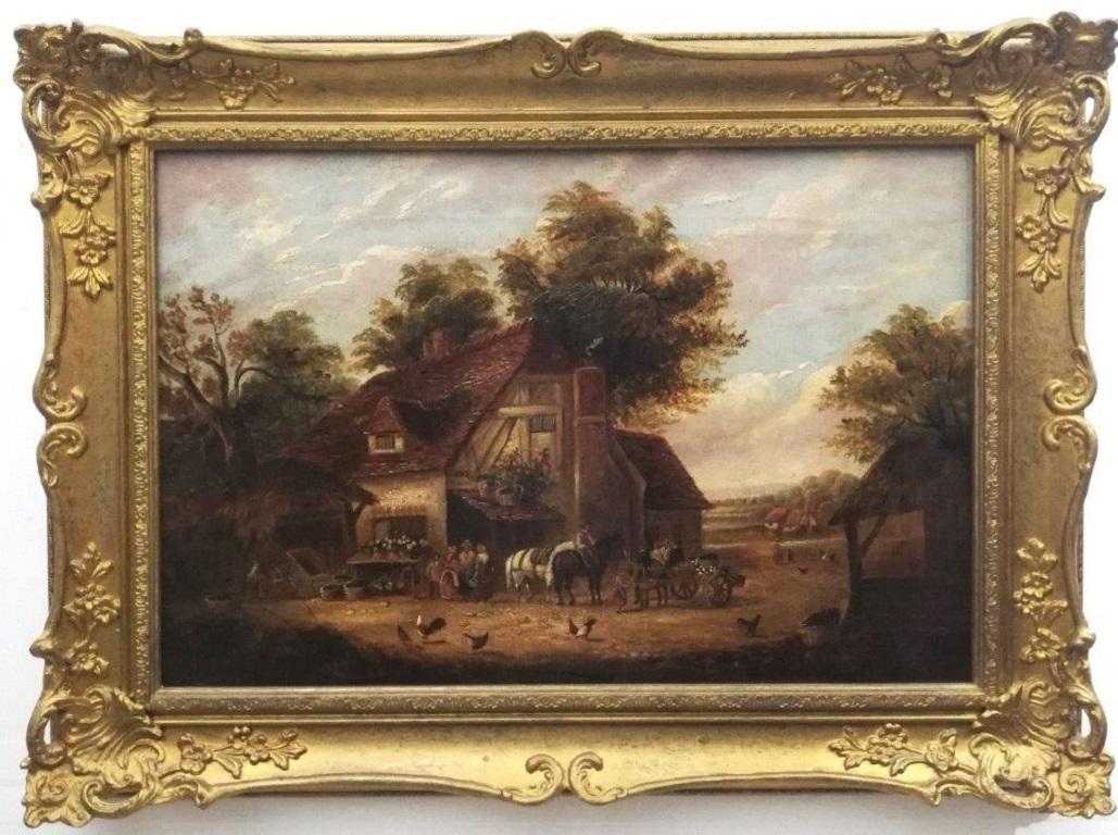 « Scène de ferme rurale victorienne », paysage d'été, personnages, huile sur toile  - Painting de T J Harper