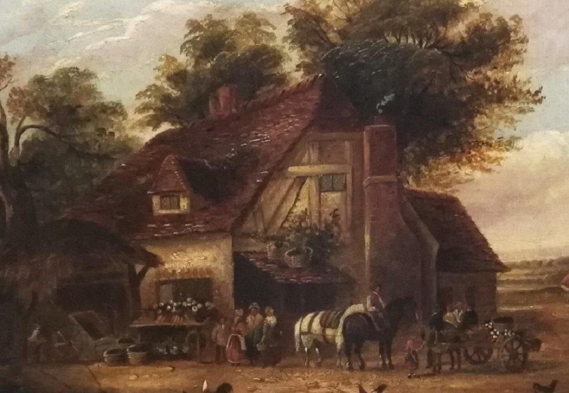 « Scène de ferme rurale victorienne », paysage d'été, personnages, huile sur toile  - Noir Animal Painting par T J Harper