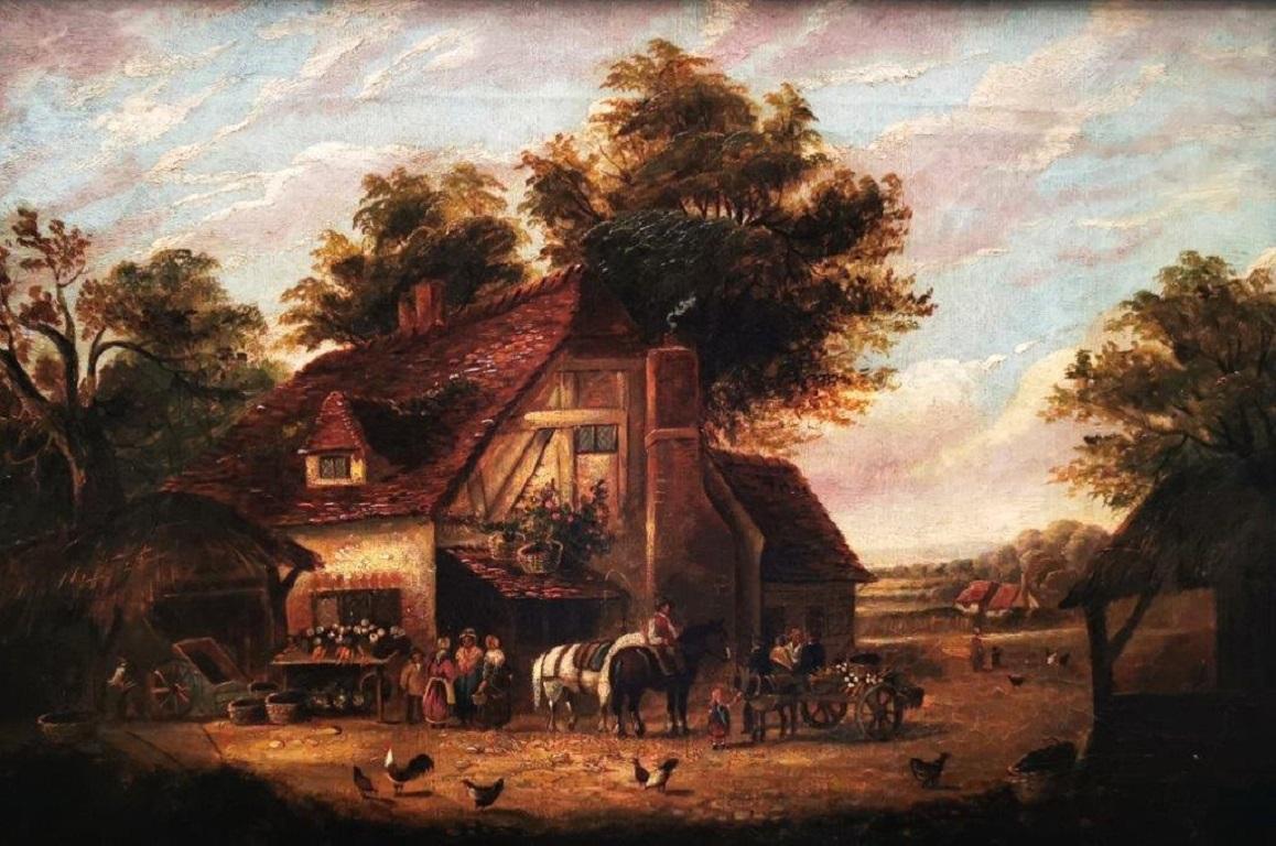 "Scena di campagna vittoriana", paesaggio estivo, figure, olio su tela