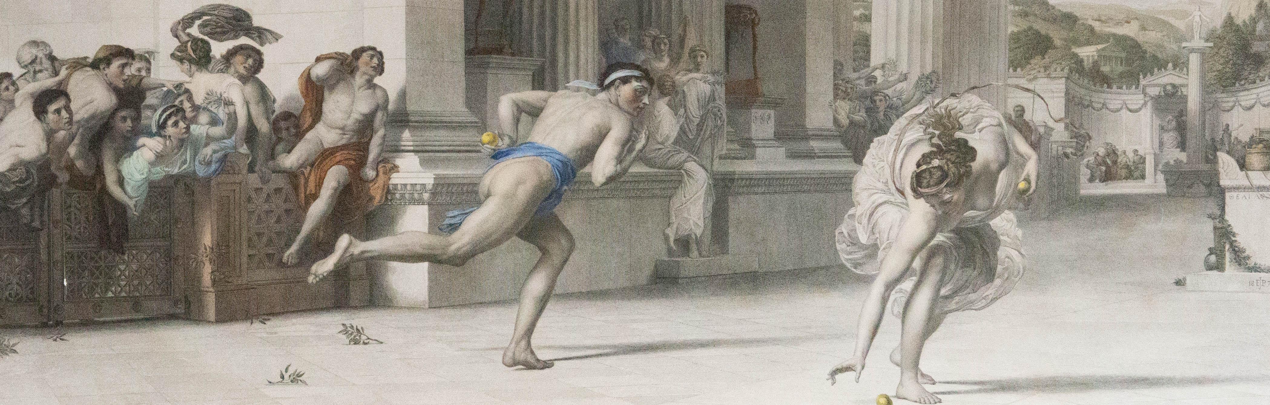 A very fine and impressively sized, late 19th Century engraving with later hand colouring, after the original painting by Sir Edward John Poynter (1836â€“1919), engraved by T. Joubert. The engraving shows the Greek Myth of Hipponemes and Atalanta.