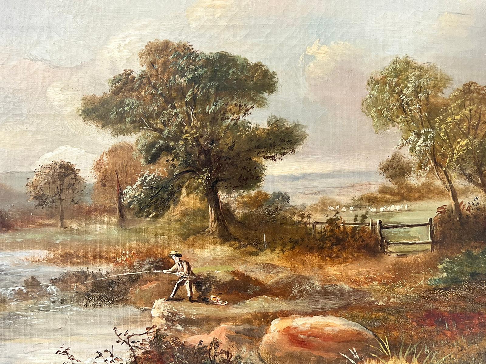 Signed Victorian British Oil Painting Man Fishing Autumnal River Landscape For Sale 1