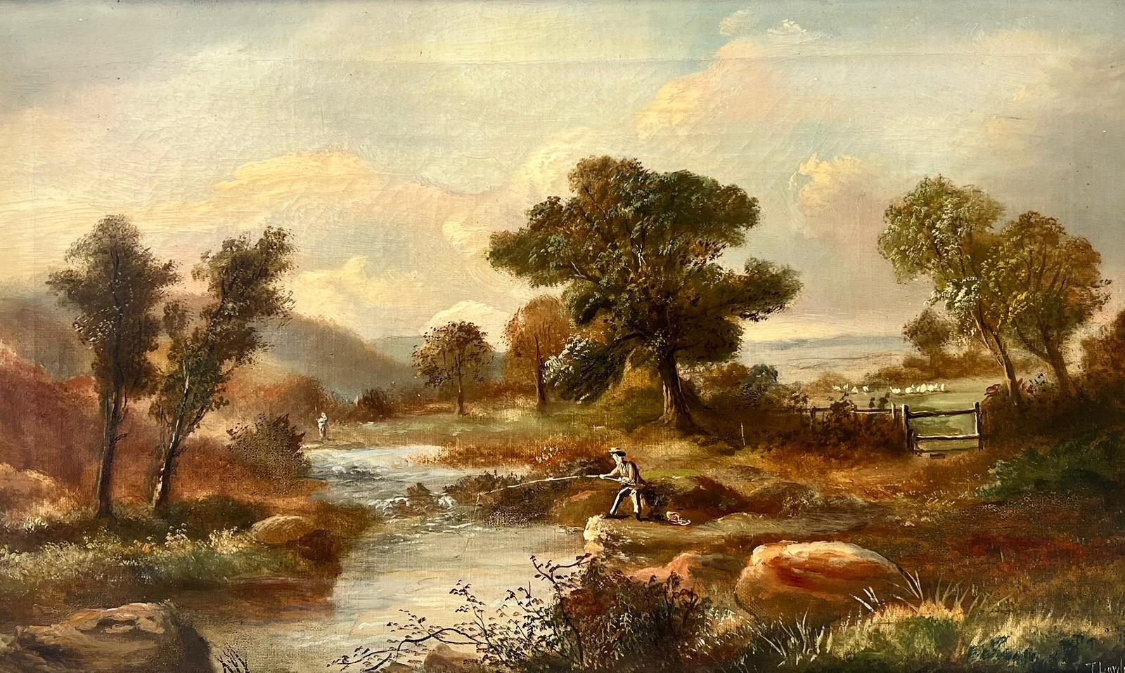T. Lawley Figurative Painting - Signed Victorian British Oil Painting Man Fishing Autumnal River Landscape