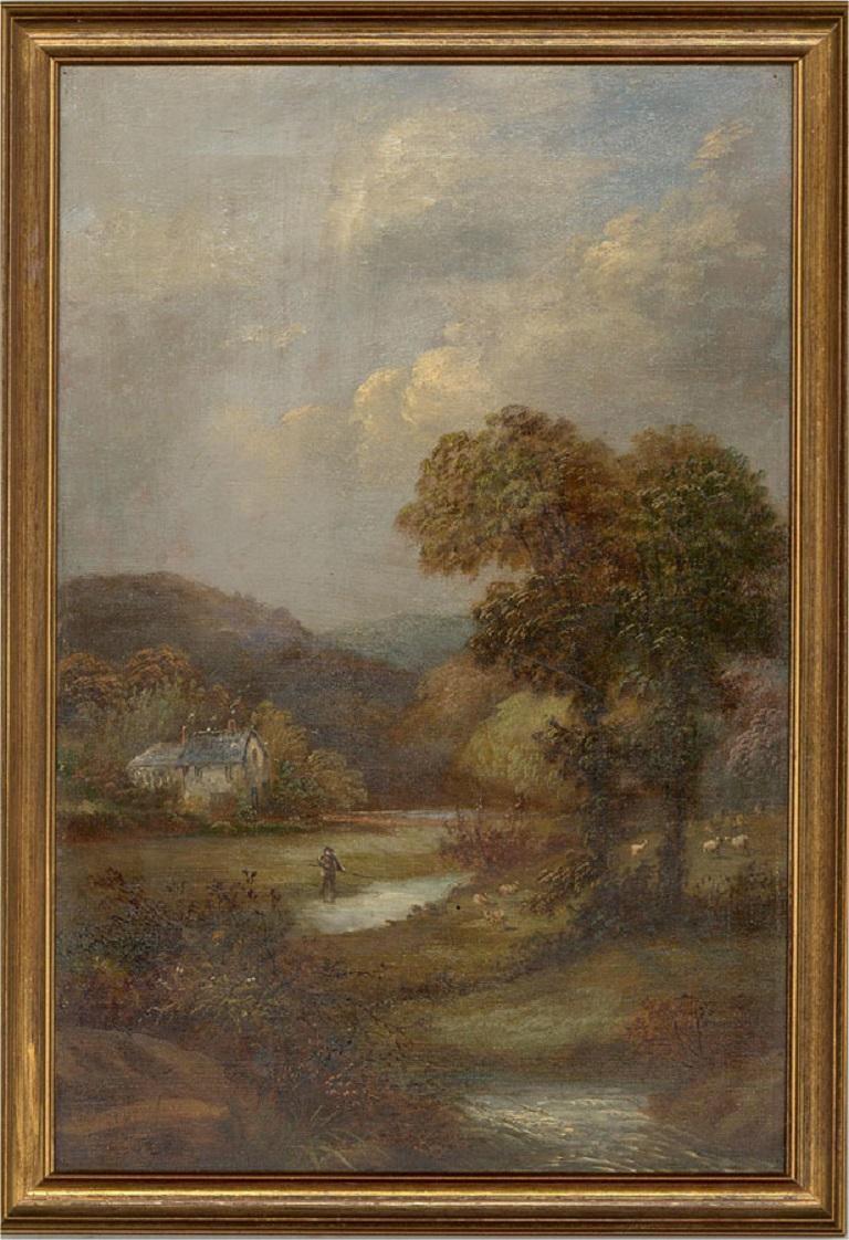 A Worcestershire landscape, featuring a river flowing towards the foreground and a cottage in the distance. A figure stands by the river, possibly holding a net or fishing rod. Presented in a distressed gilt-effect wooden frame. Signed to the