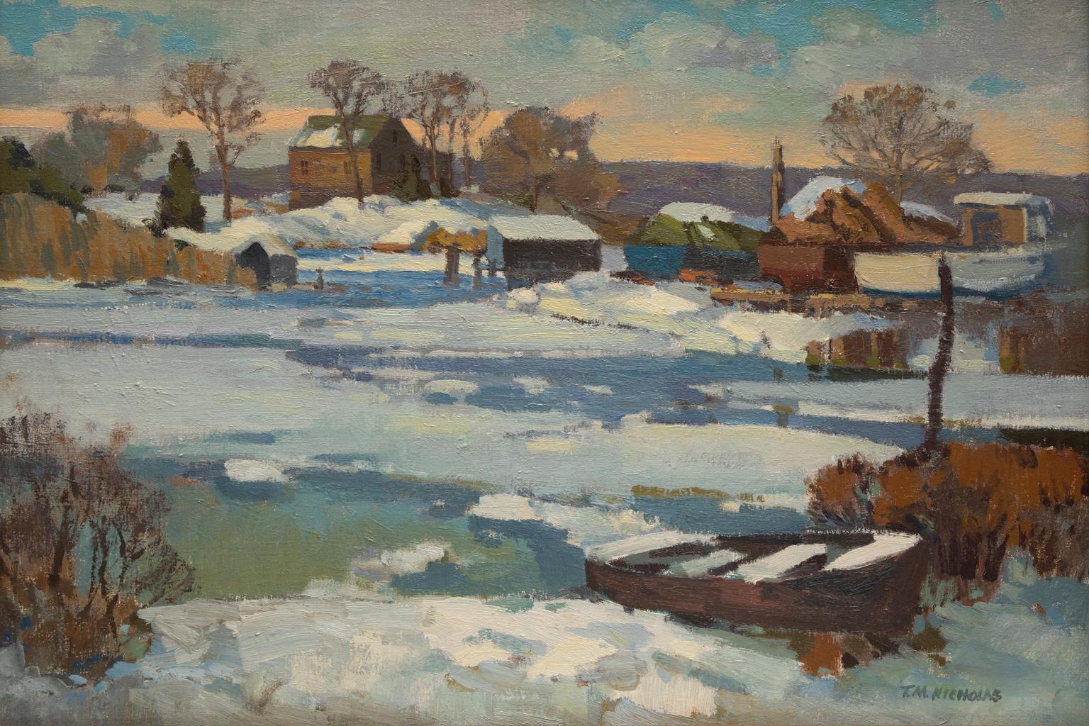 Thomas M Nicholas Winter Country Scene Northeast Oil - Painting by T. M. Nicholas