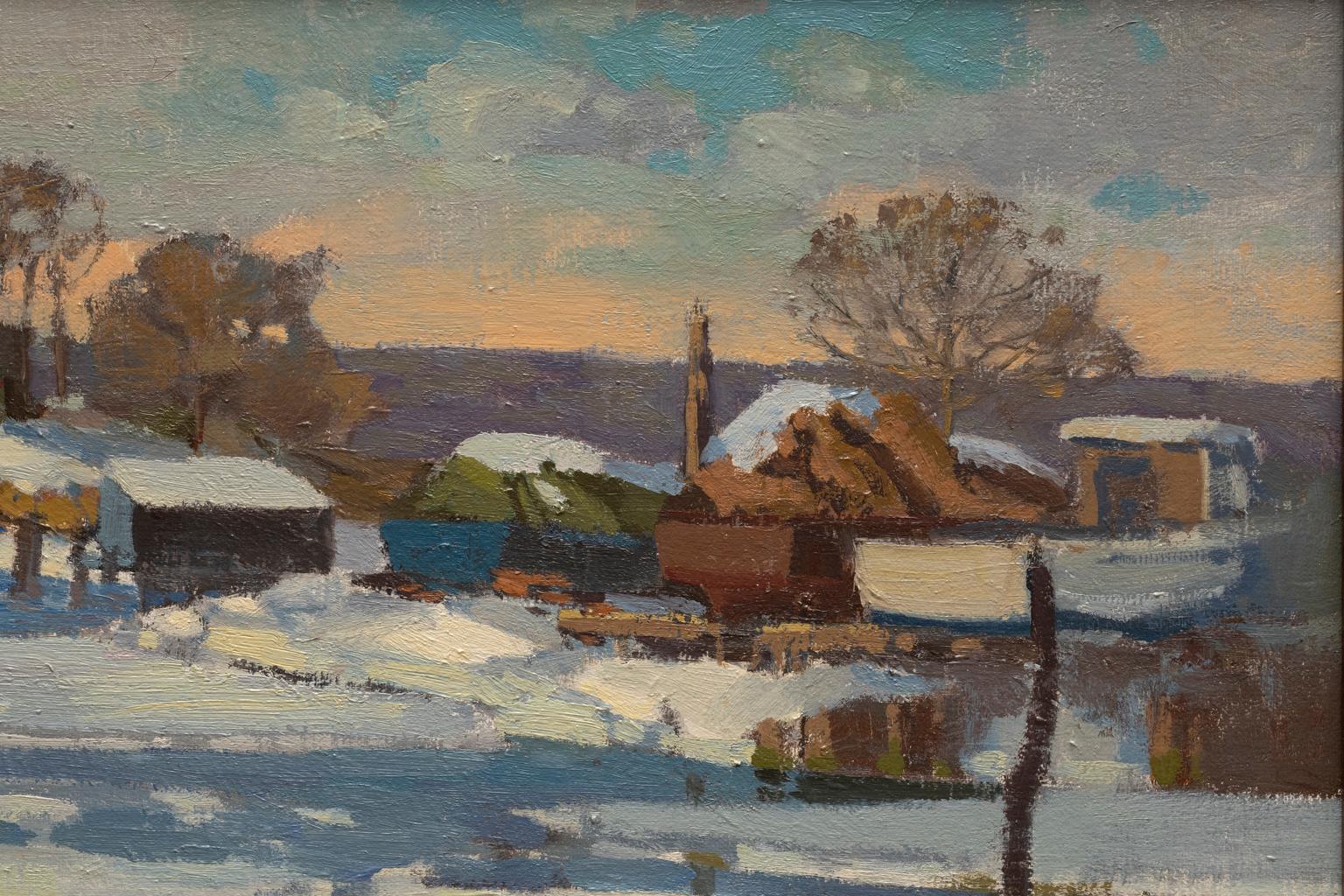 Thomas M Nicholas Winter Country Scene Northeast Oil - Gray Landscape Painting by T. M. Nicholas