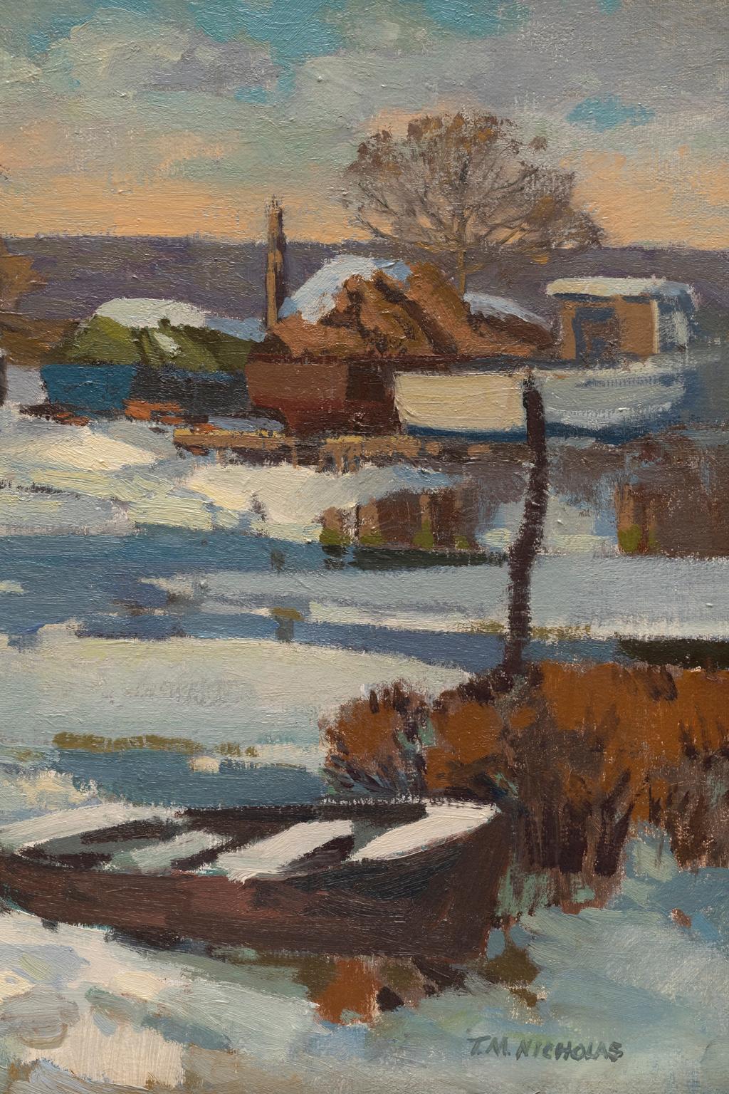 SALE ONE WEEK ONLY

The untitled oil painting of a quiet country winter scene is a typical subject matter for T. M. Nicholas who is considered by many to be among the most prominent painter of his generation and specifically of the Rockport School