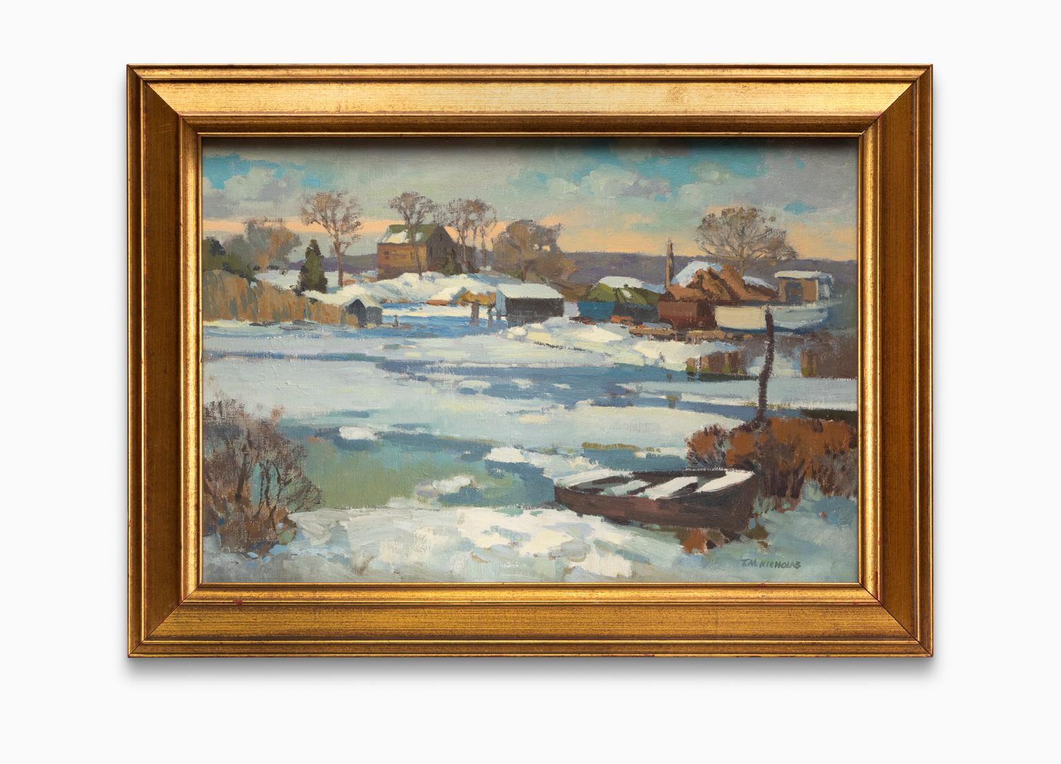 T. M. Nicholas Landscape Painting - Thomas M Nicholas Winter Country Scene Northeast Oil
