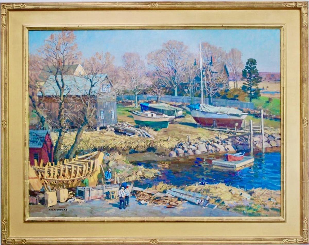 Boatyard Large Oil On Canvas - Realist Painting by T.M. Nicholas