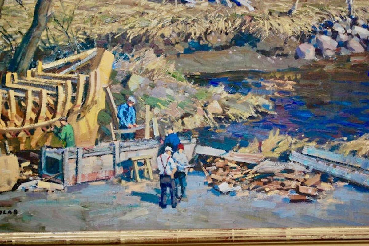 Boatyard Großes Öl auf Leinwand – Painting von T.M. Nicholas