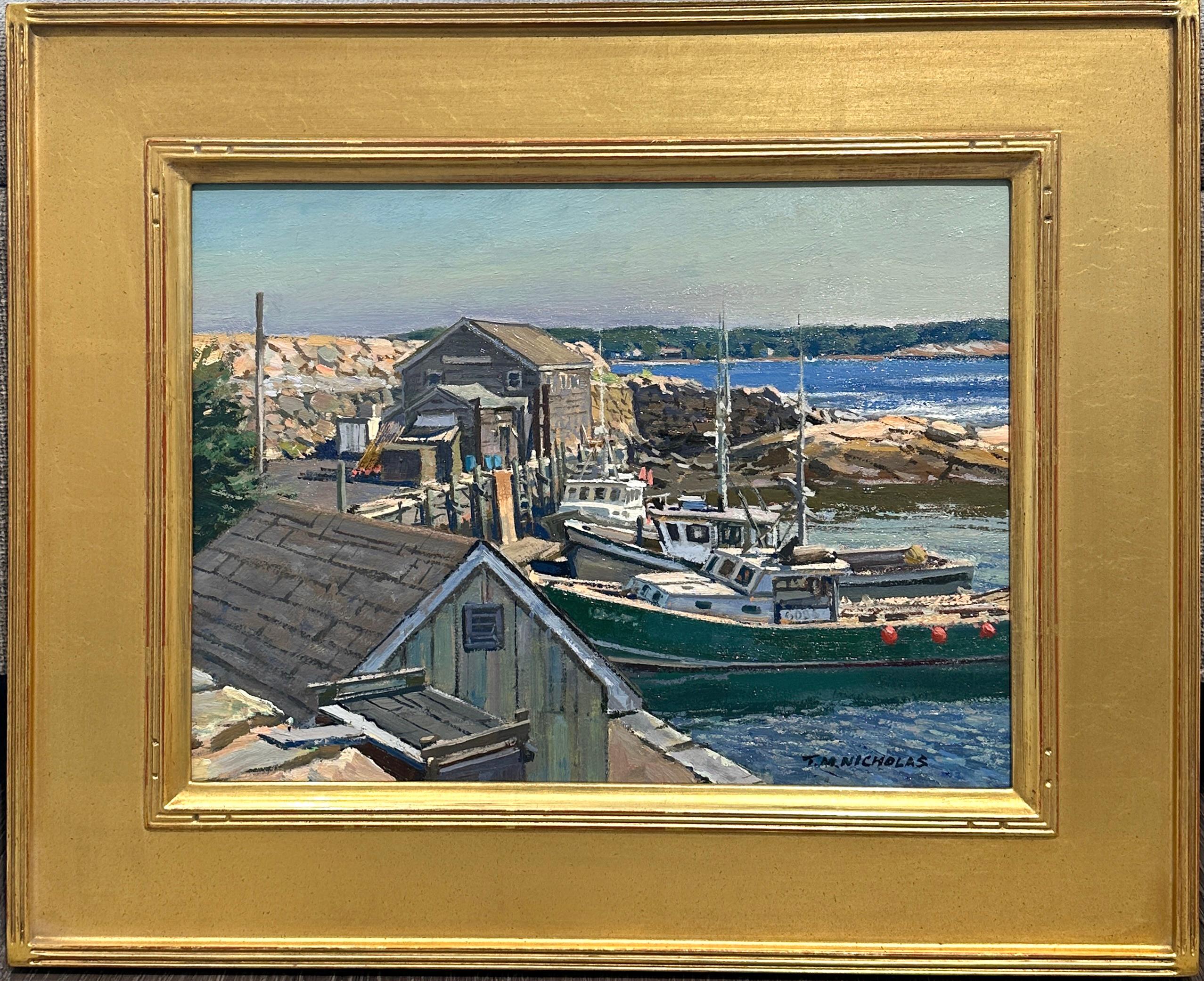 Gloucester Hafenszene Rockport Künstler M. I. Nicholas Amerikanischer Impressionismus (Grau), Landscape Painting, von T.M. Nicholas