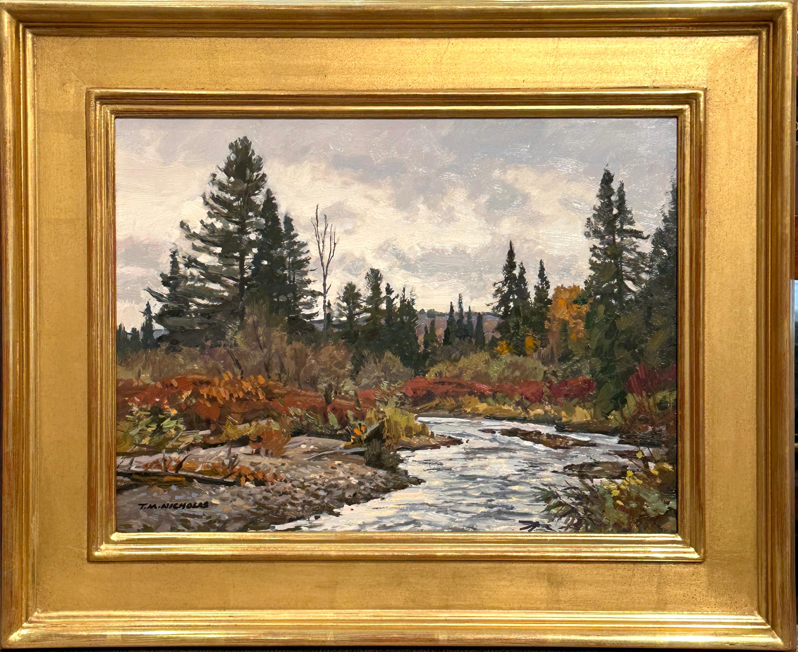 AT&M. Peinture de paysage à l'huile - Scène de rivière d'automne - Painting de T.M. Nicholas