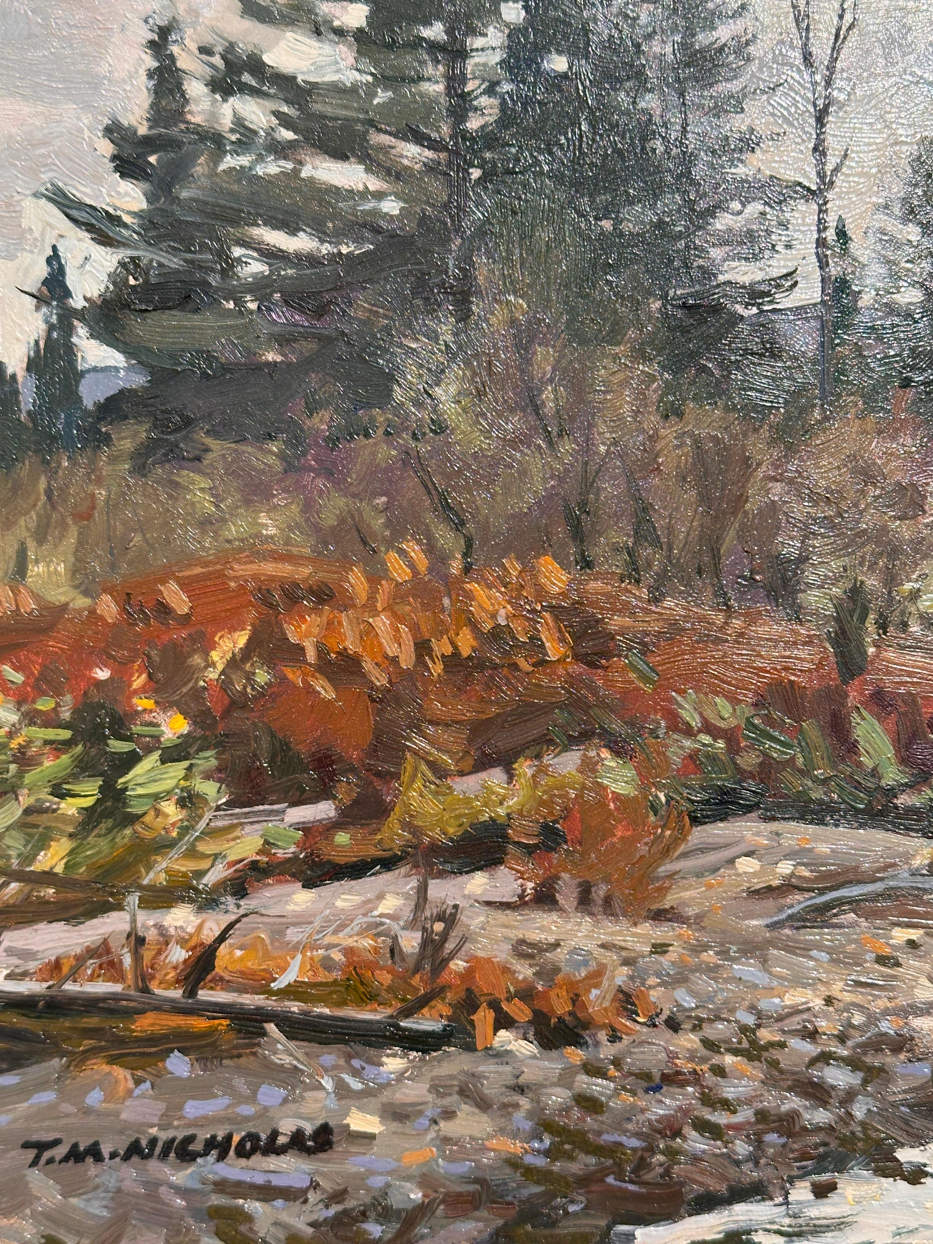 AT&M. Peinture de paysage à l'huile - Scène de rivière d'automne - Impressionnisme américain Painting par T.M. Nicholas