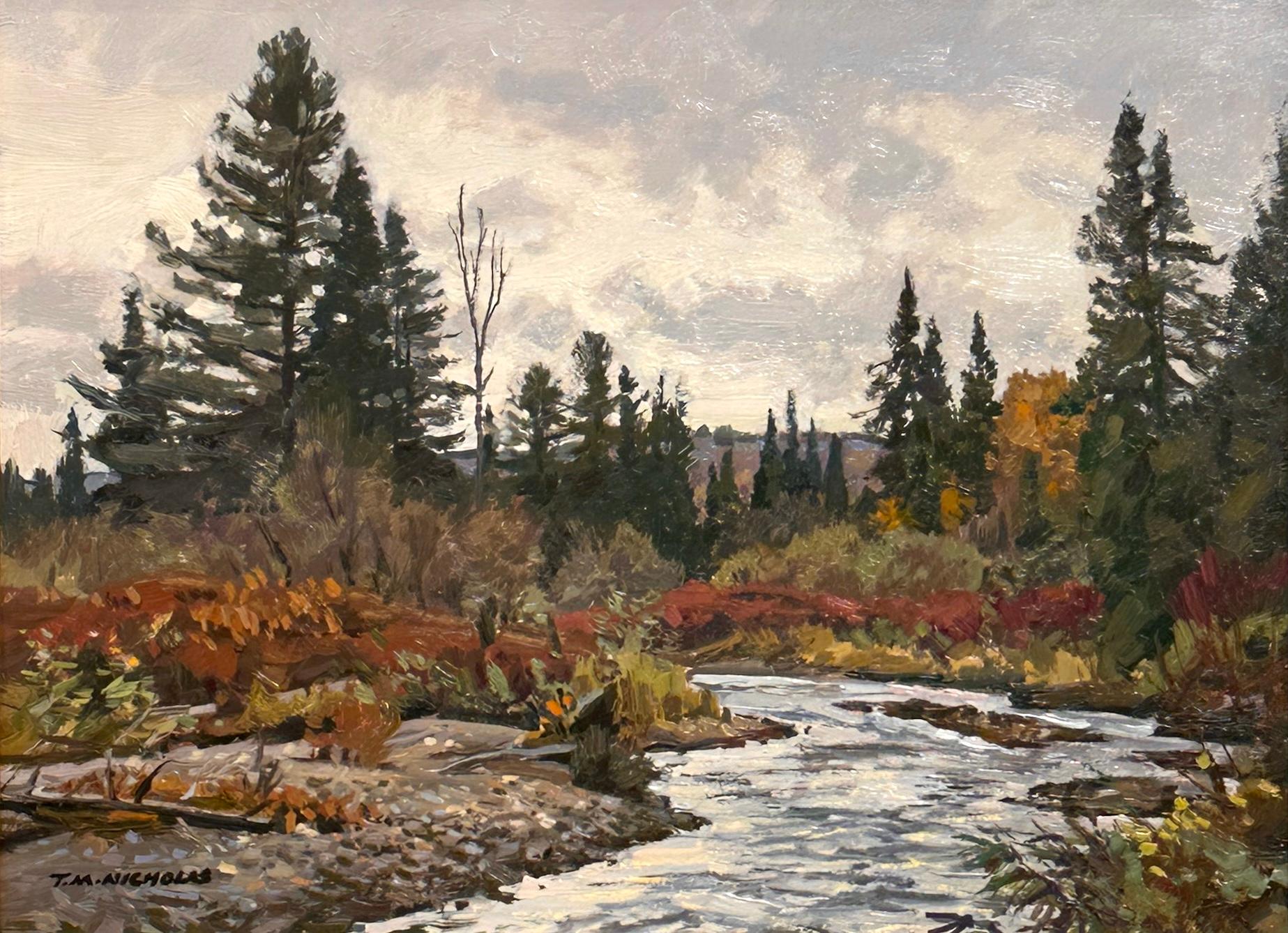 Landscape Painting T.M. Nicholas - AT&M. Peinture de paysage à l'huile - Scène de rivière d'automne