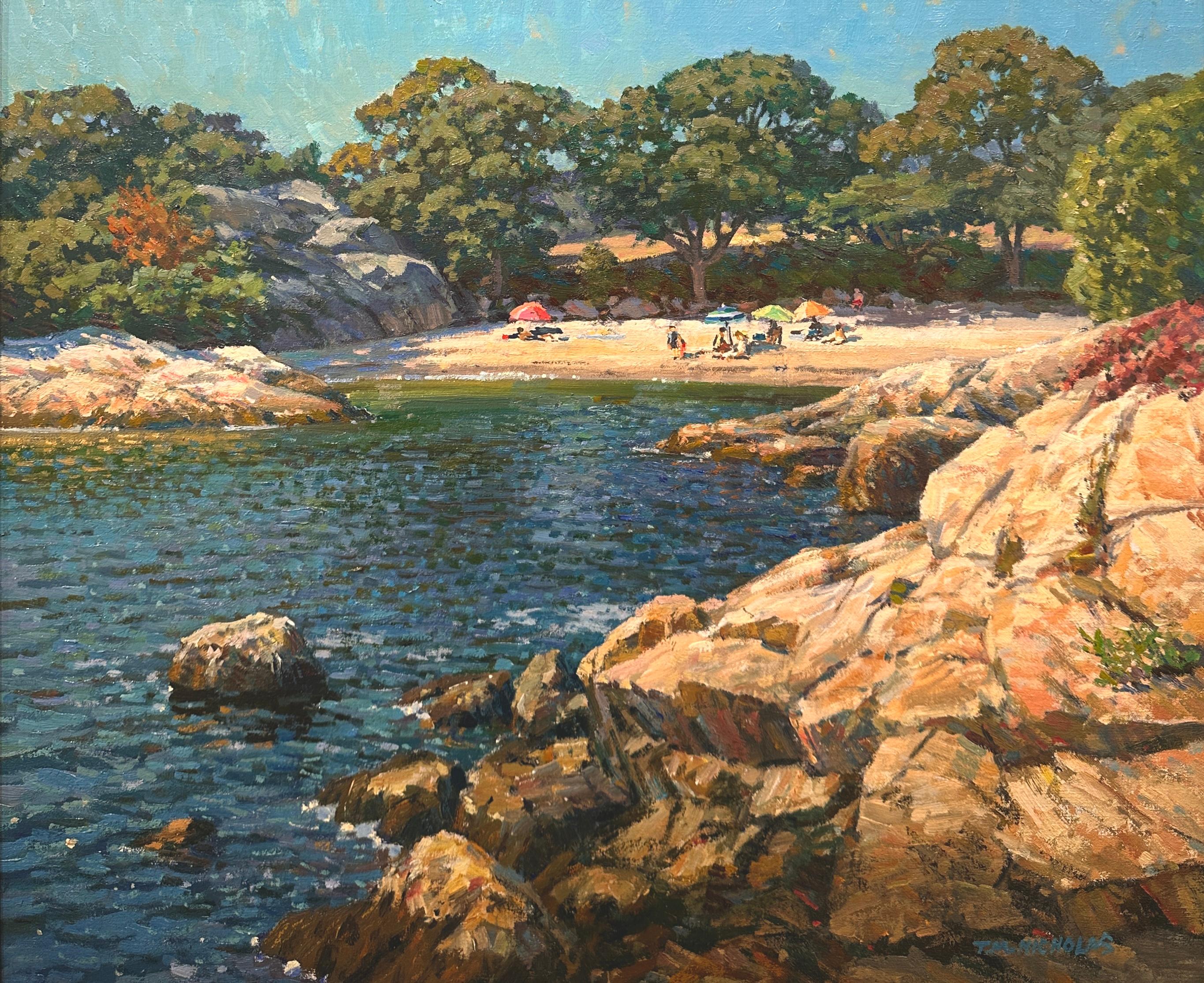 Landscape Painting de T.M. Nicholas - Escena de la playa de Gloucester. Misa "Half Moon Beach" del artista de Rockport TM Nicholas