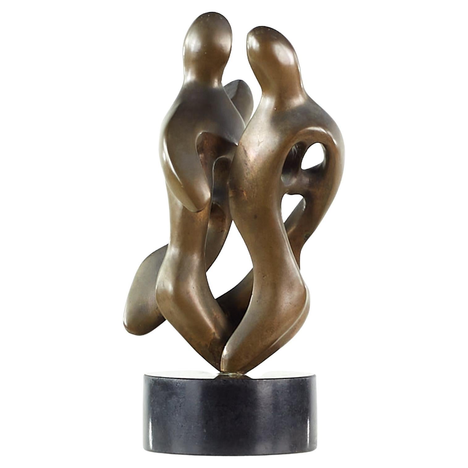 T McKinney Mid-Century 1973 Bronze Abstract Figures Sculpture Black Marble Base