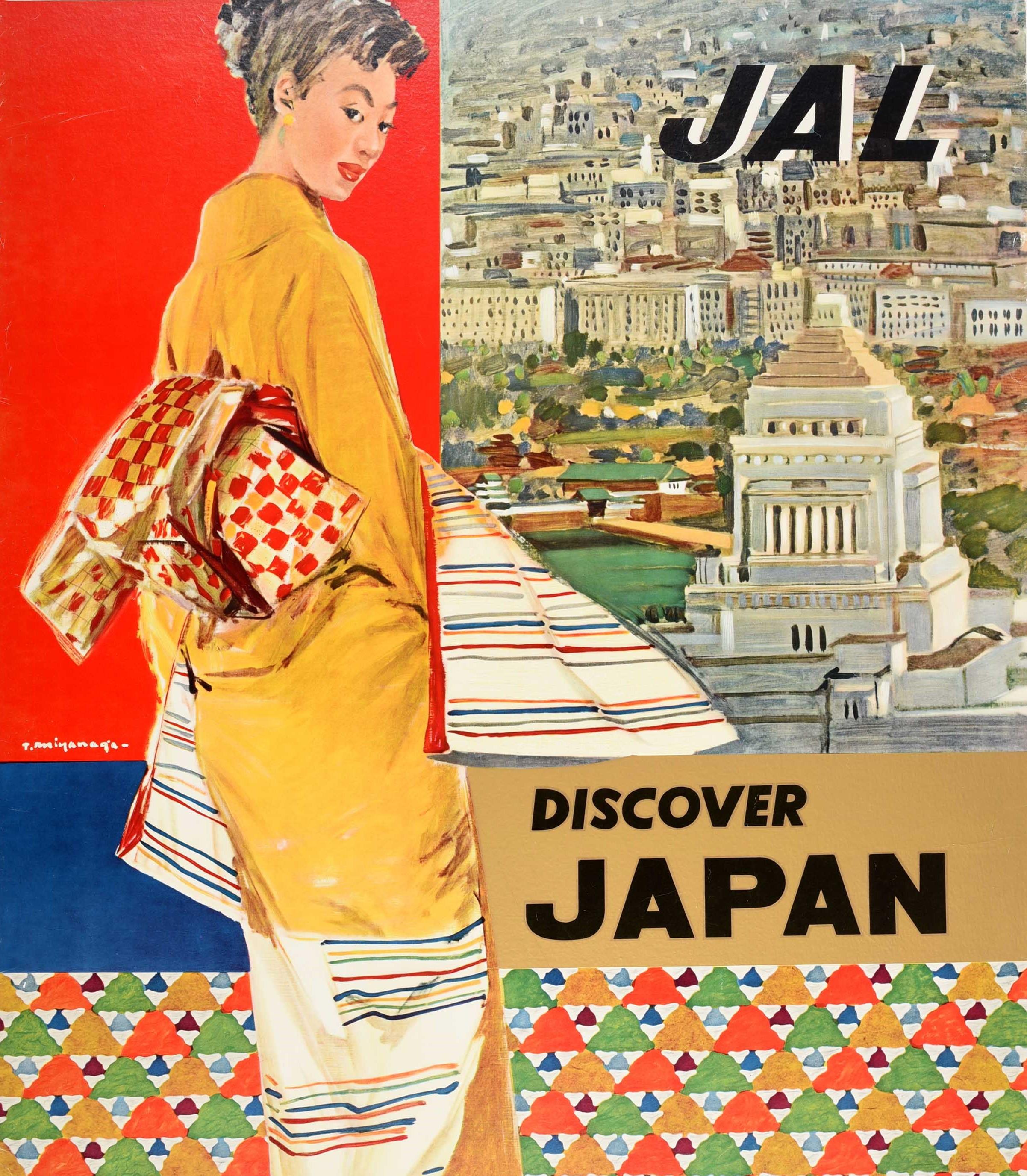 Póster de viaje original de época de Japan Air Lines - JAL Discover Japan - con un gran diseño que muestra la arquitectura histórica y la vista de la ciudad con un colorido estampado debajo e ilustraciones de una dama con un vestido kimono