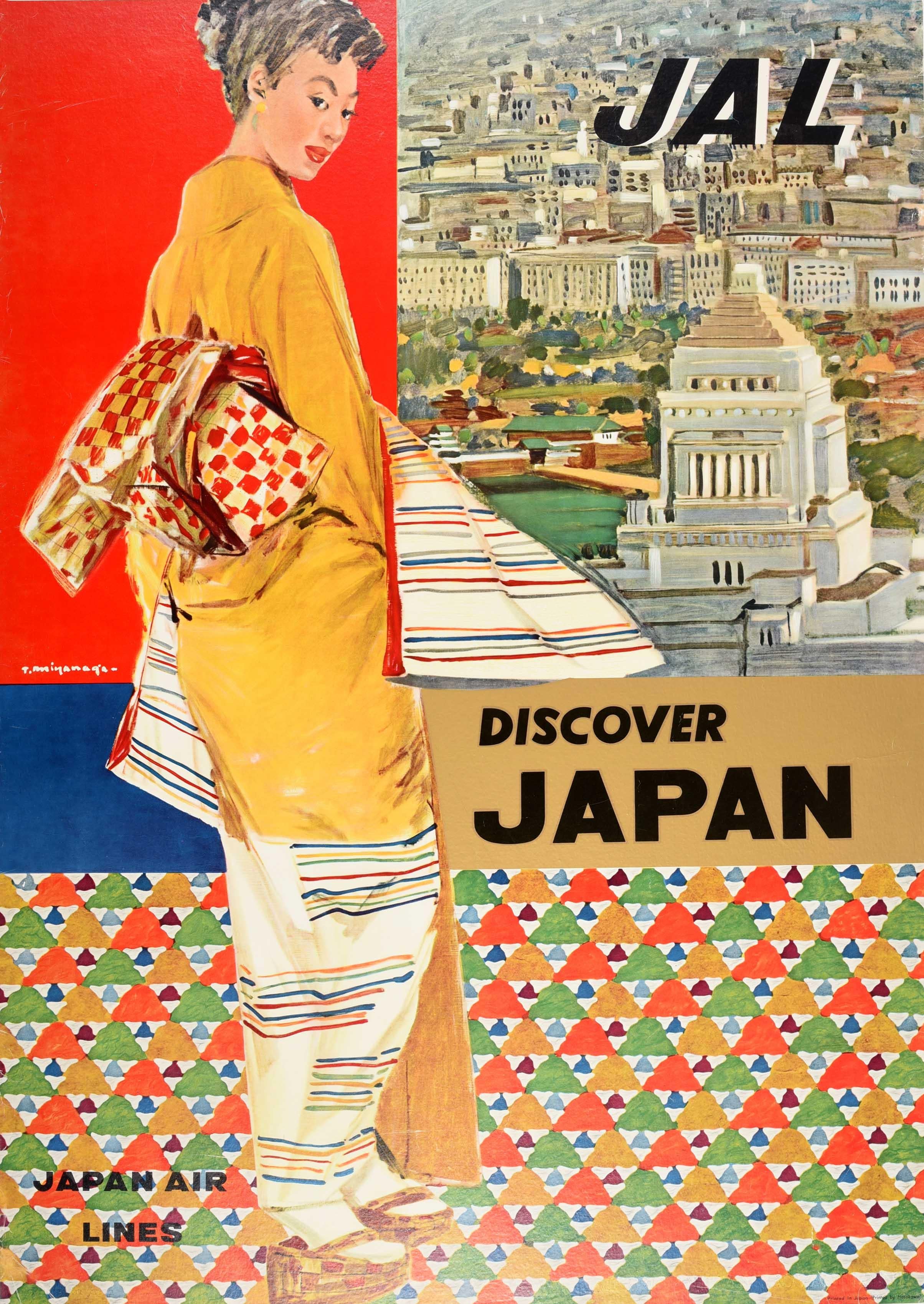 T Miyanaga Print - Original Vintage Travel Poster Discover Japan Air Lines JAL City View Kimono Art