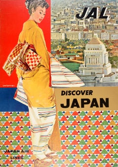 Original Vintage Travel Poster Discover Japan Air Lines JAL City View Kimono Art