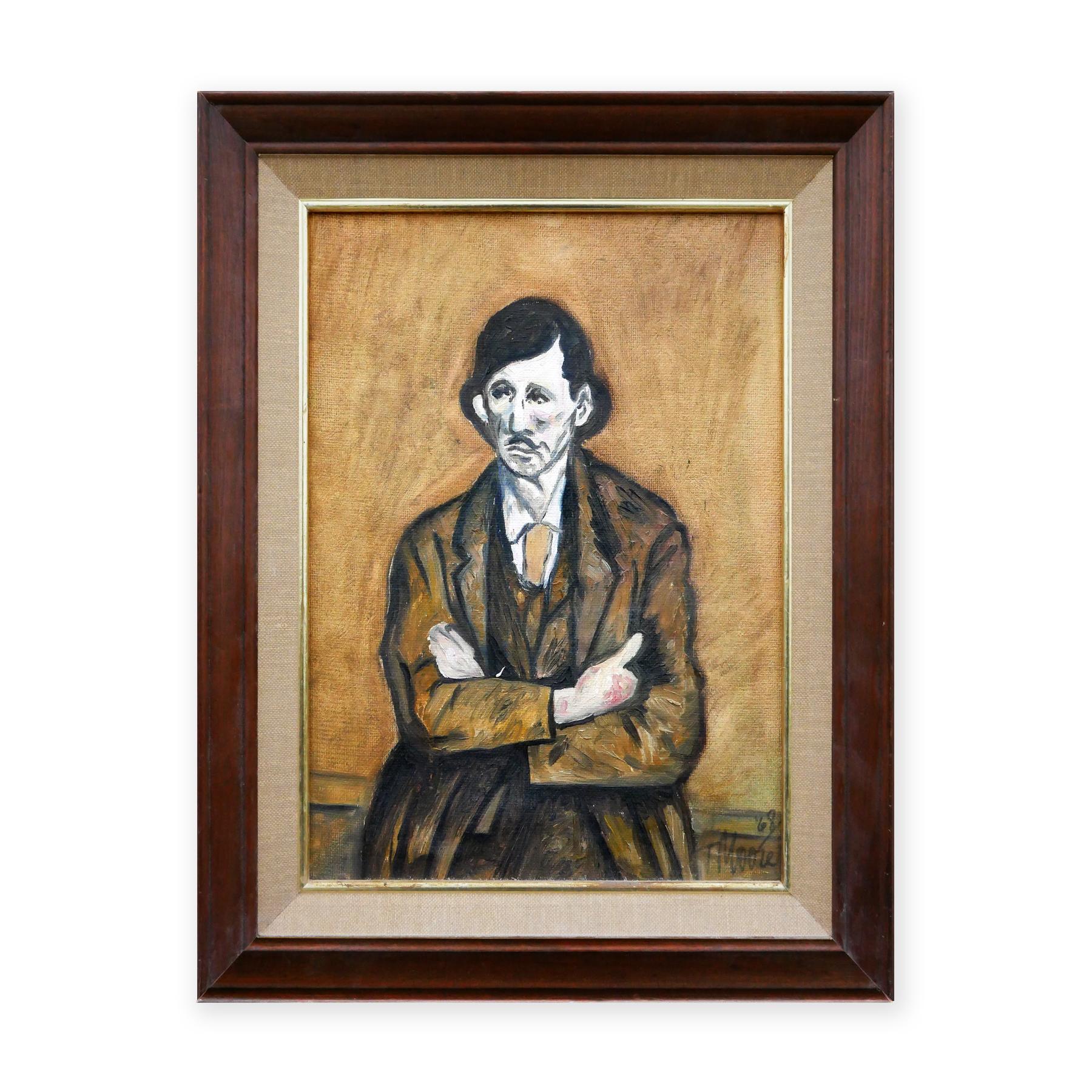 Abstraktes fauvistisches Porträt eines Mannes mit Senf in Braun und Gelb – Painting von T. Moore