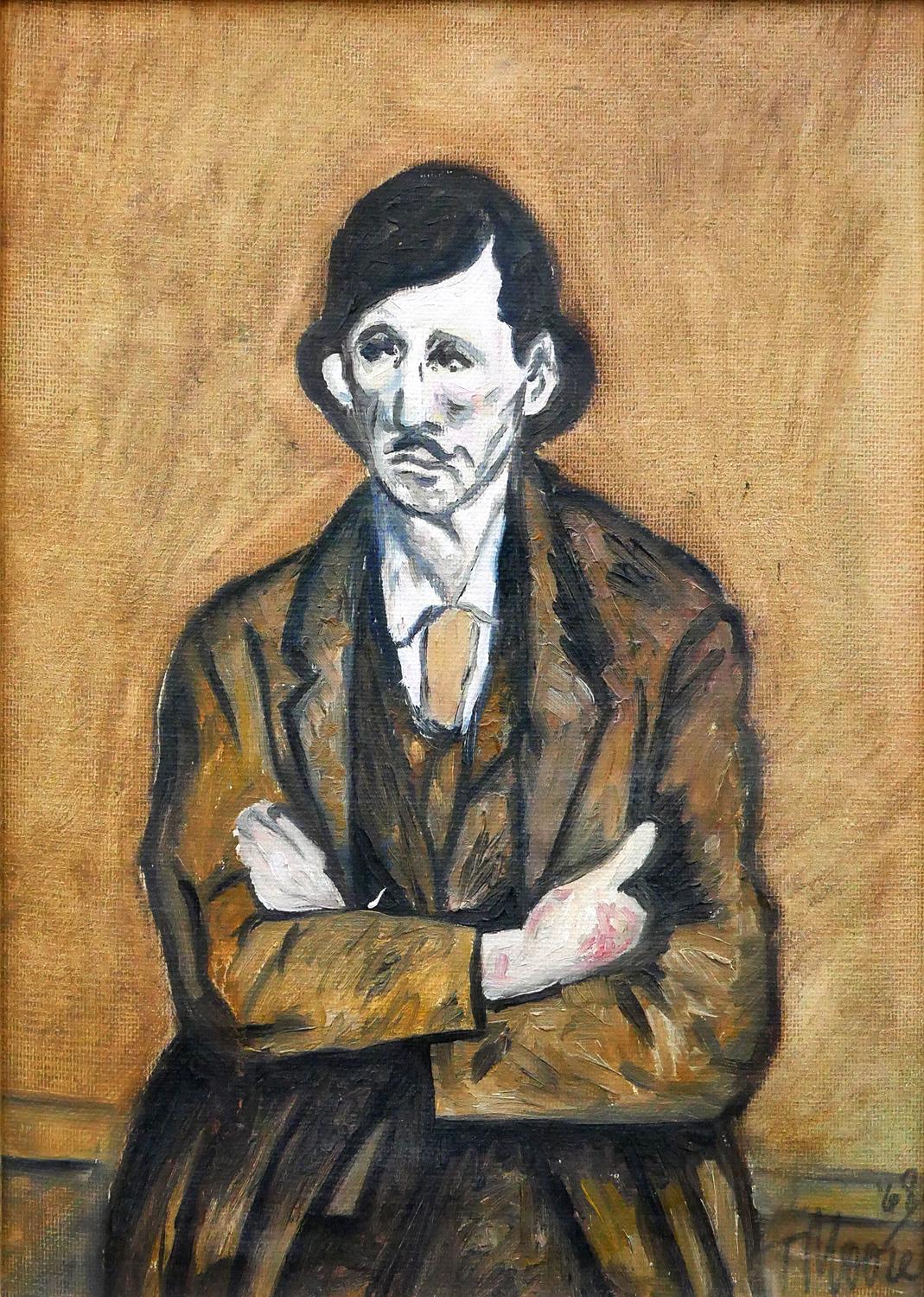 Brown and Yellow-Toned Abstract Fauvist Portrait of a Man with a Mustache 1