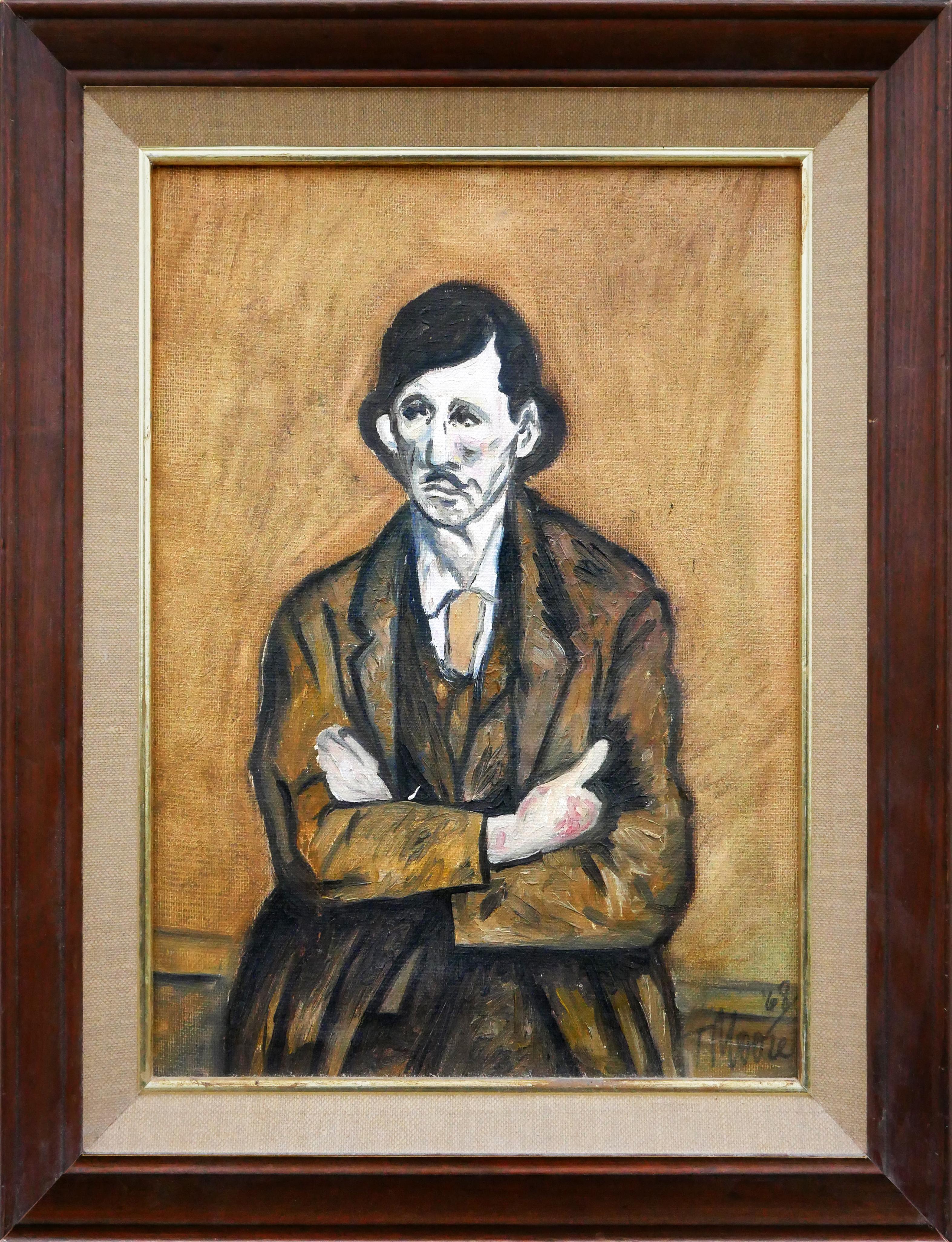 Portrait abstrait fauve d'un homme à la moustache dans les tons bruns et jaunes