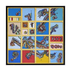 Blue, Yellow, and Red Abstract Contemporary Biomorphic Grid Painting