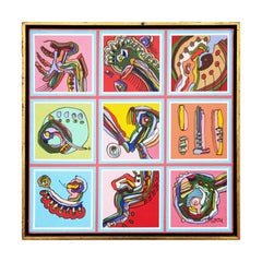 Pastel Green, Pink, and Blue Abstract Contemporary Biomorphic Grid Painting