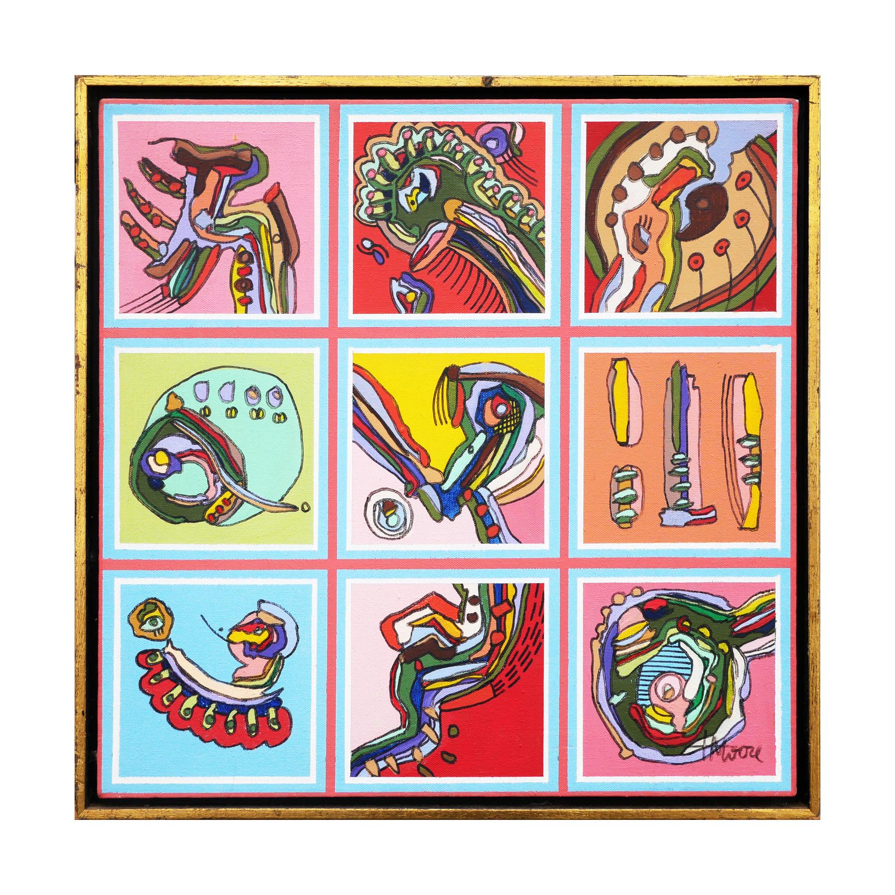 Colorful abstract contemporary painting by artist T. Moore. The painting depicts a grid of 9 squares with colorful biomorphic shapes, patterns, and figures. The blocks are painted against a sky-blue background with pink grids. Signed by the artist
