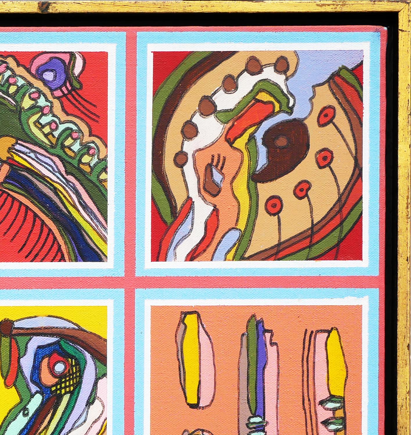 Colorful abstract contemporary painting by artist T. Moore. The painting depicts a grid of 9 squares with colorful biomorphic shapes, patterns, and figures. The blocks are painted against a sky-blue background with pink grids. Signed by the artist