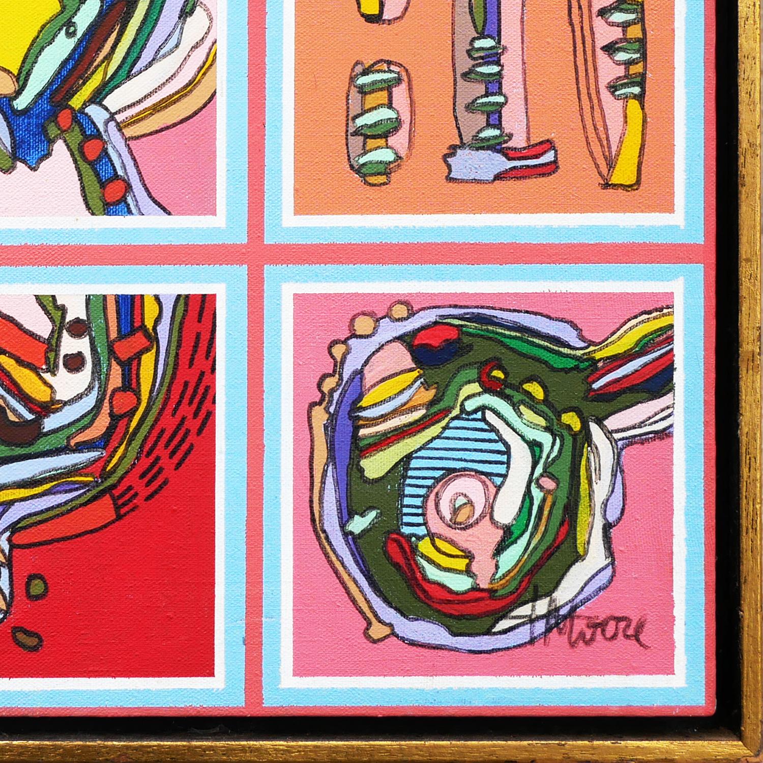 Pastel Green, Pink, and Blue Abstract Contemporary Biomorphic Grid Painting For Sale 4