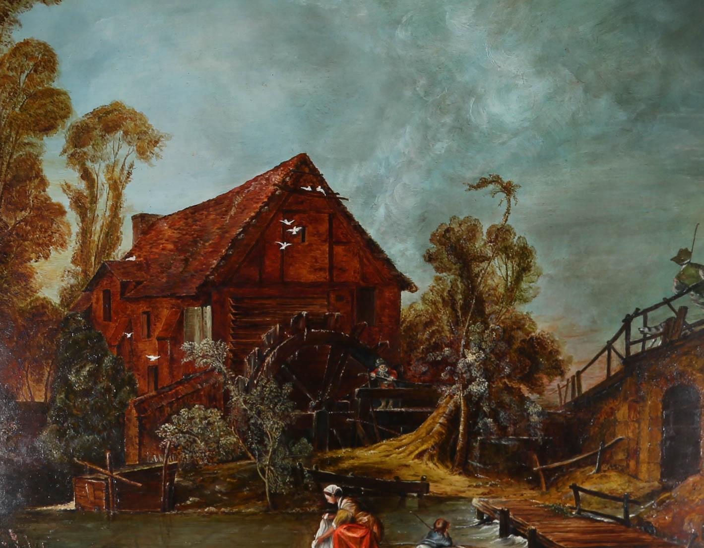 A charming copy of Francois Boucher's 1751 painting Le Moulin. The scene depicts a watermill in the idyllic French countryside with a mother and child washing clothes in the river to the foreground. Monogram, title and date to the reverse with an