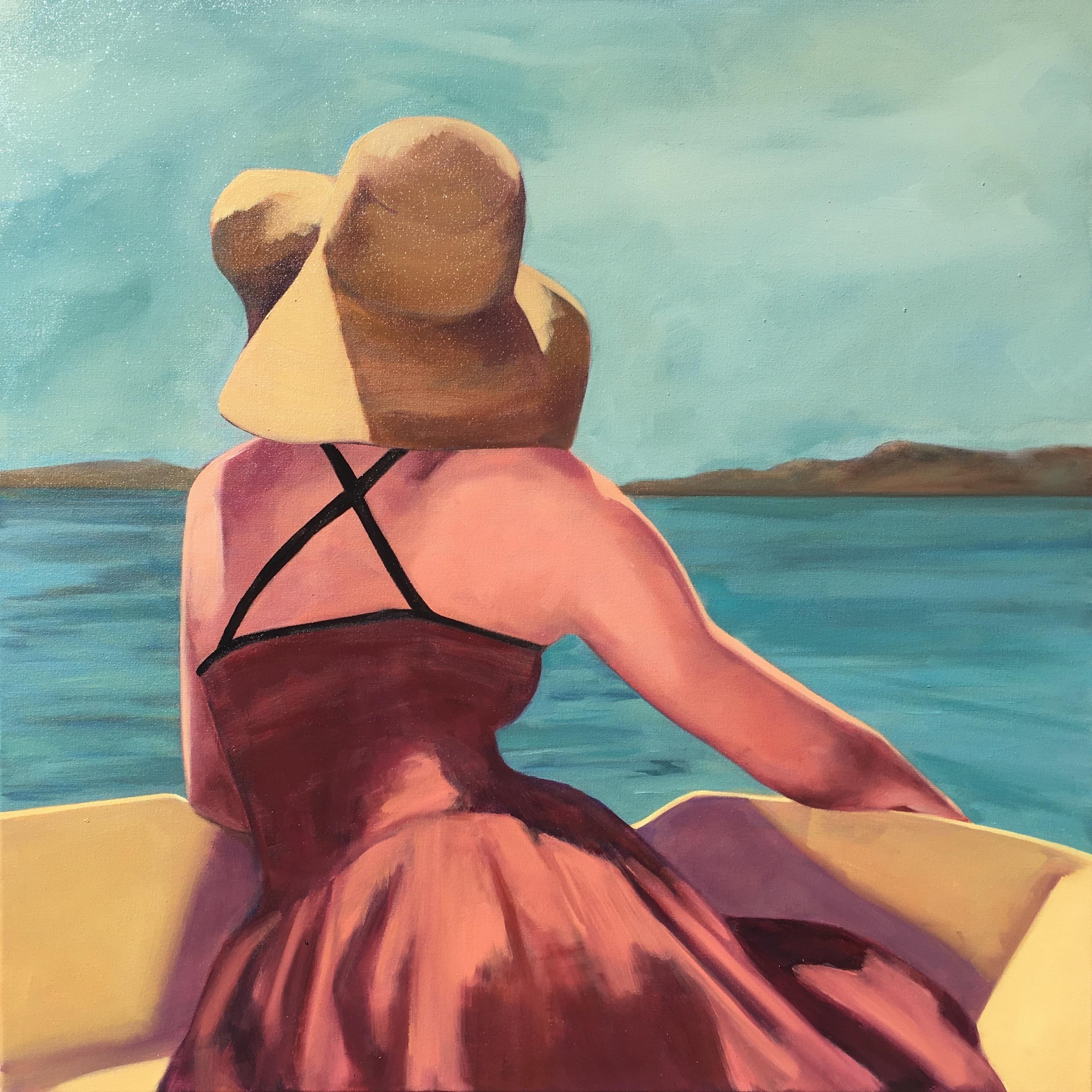 T.S. Harris Figurative Painting - "Afternoon on the Water" Woman in a Sunhat on a Boat, Blues, Ochres, Reds