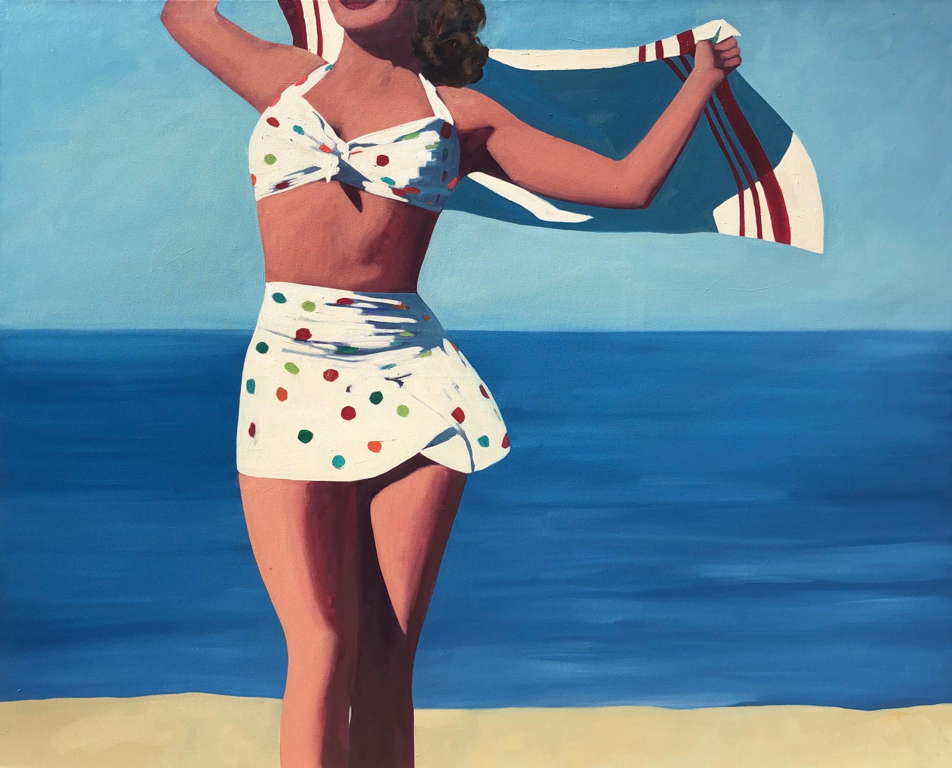 T.S. Harris Figurative Painting - "America" Oil painting of a woman wearing polkadot bikini with a towel behind