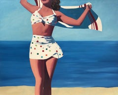 "Amérique" Peinture à l'huile d'une femme portant un bikini à pois avec une serviette derrière elle